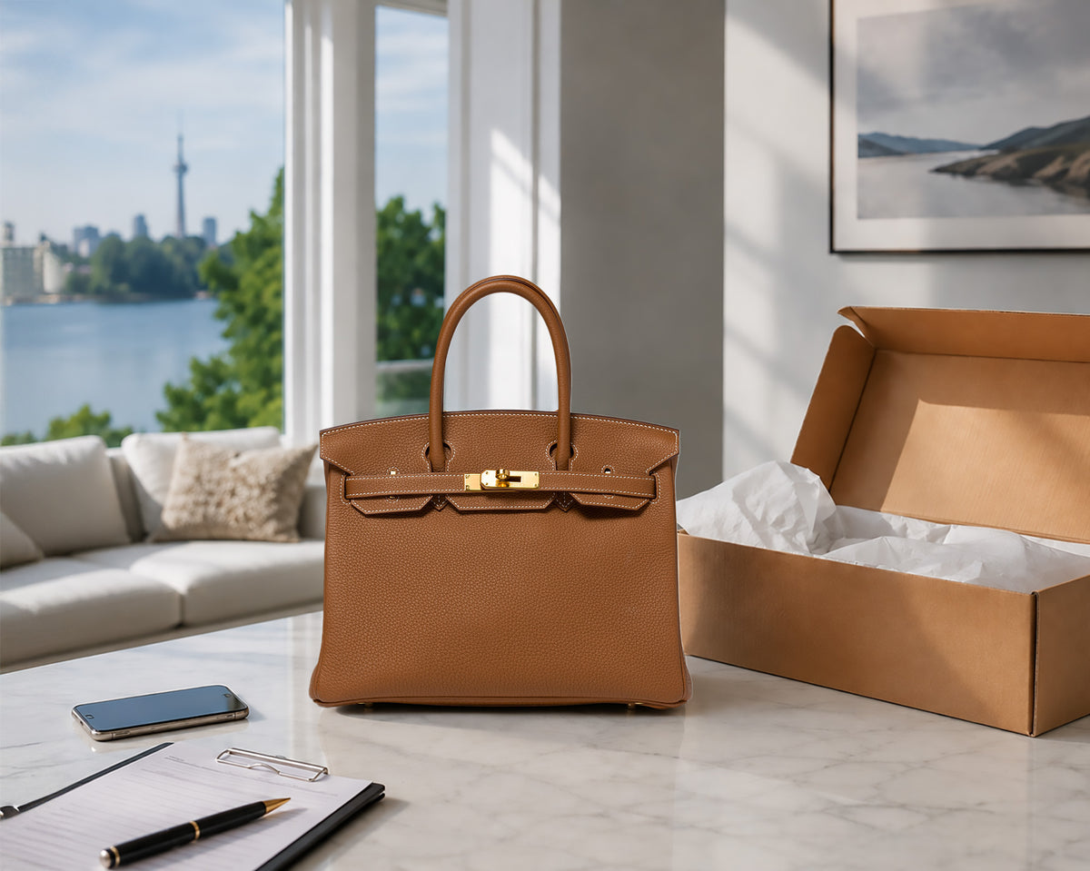 Structured brown leather handbag with gold hardware on a marble table beside an open box