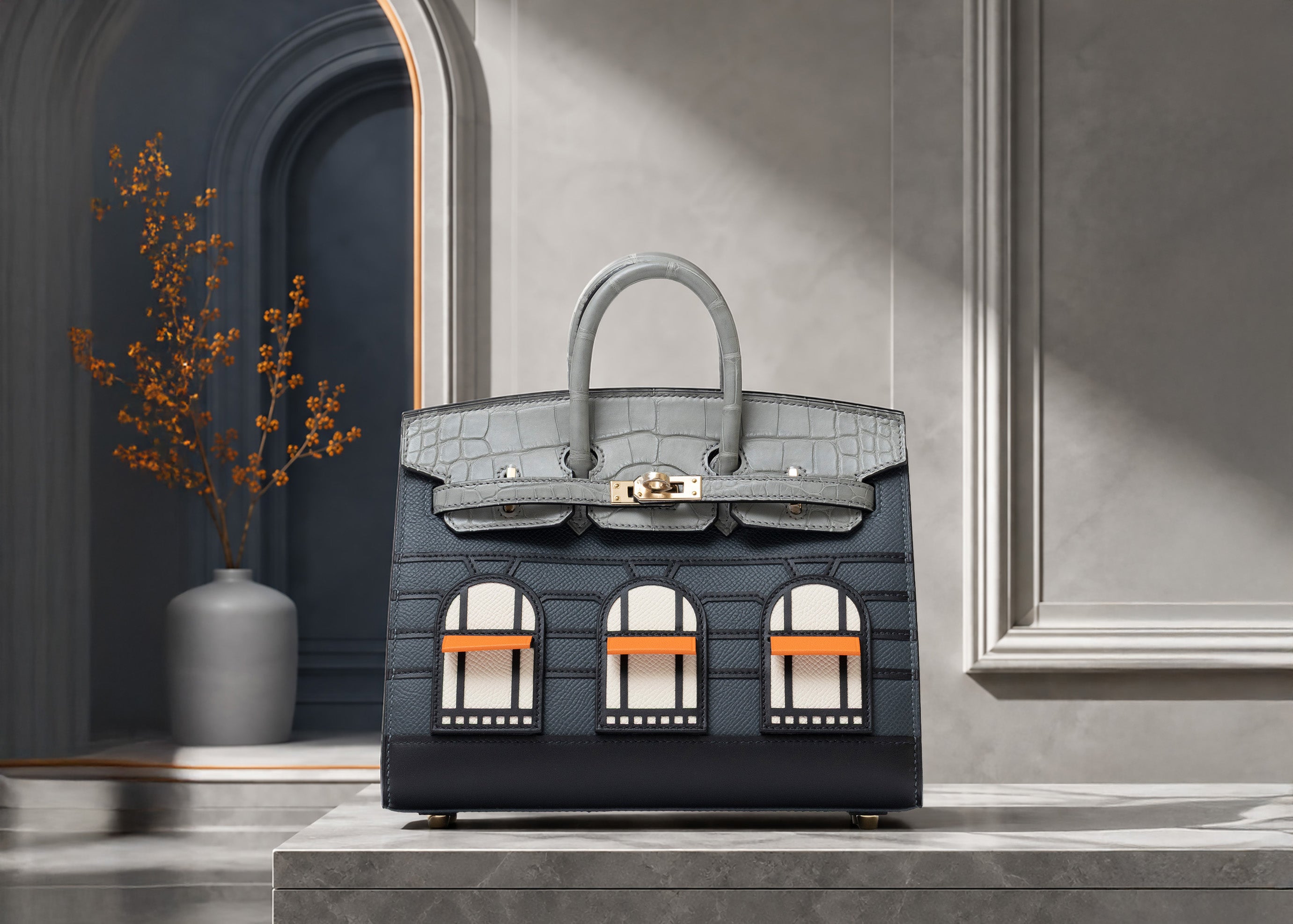 Gray structured handbag with arched window details and silver hardware on a marble pedestal
