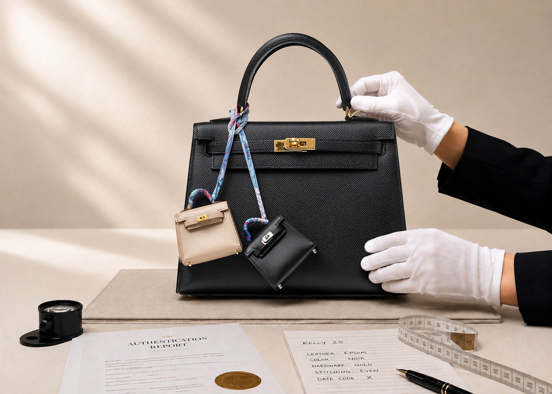 Black structured handbag with gold clasp colorful scarf and miniature charms held by gloved hands