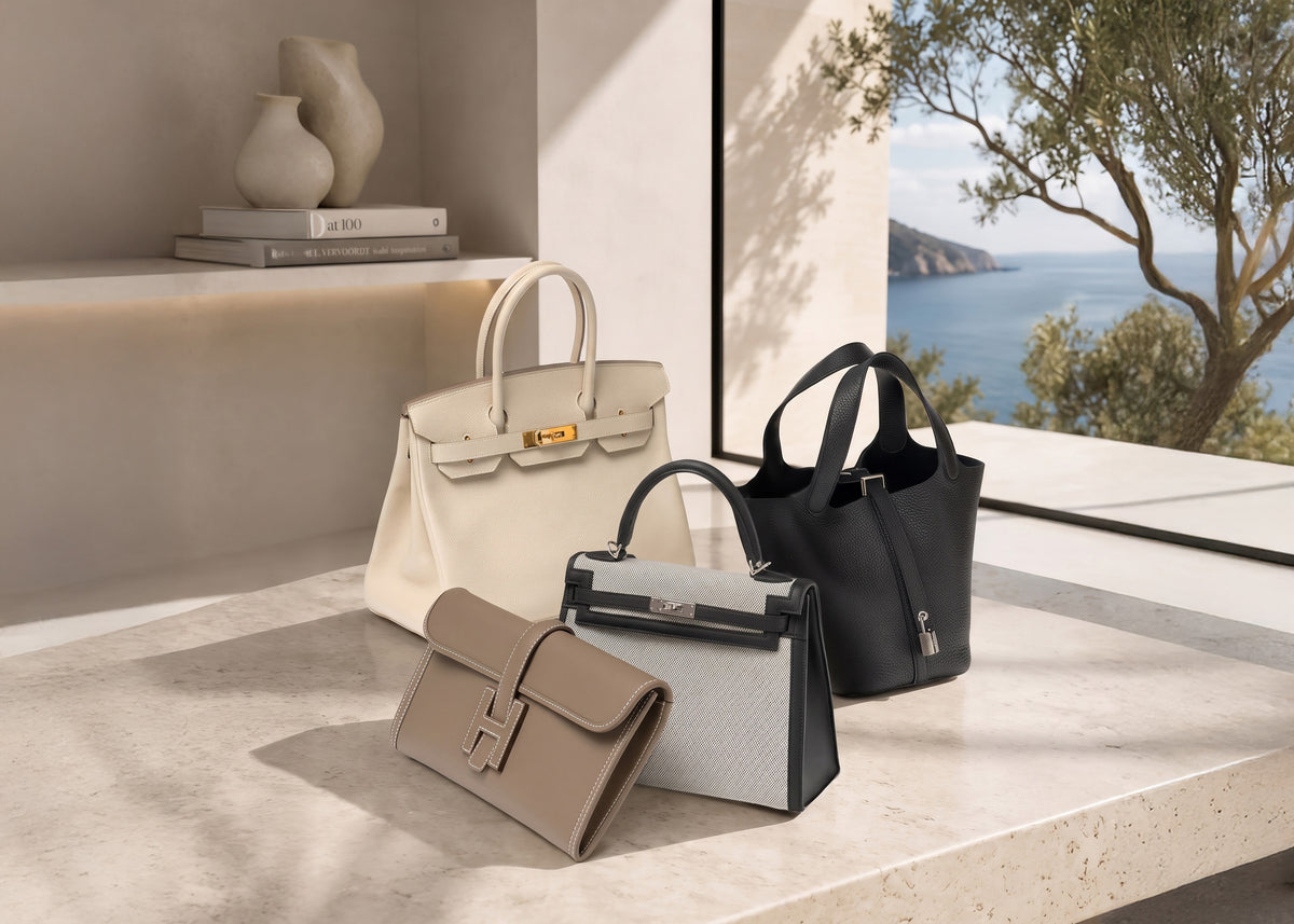 Four structured handbags in cream black gray and taupe arranged on a sunlit stone table by a window