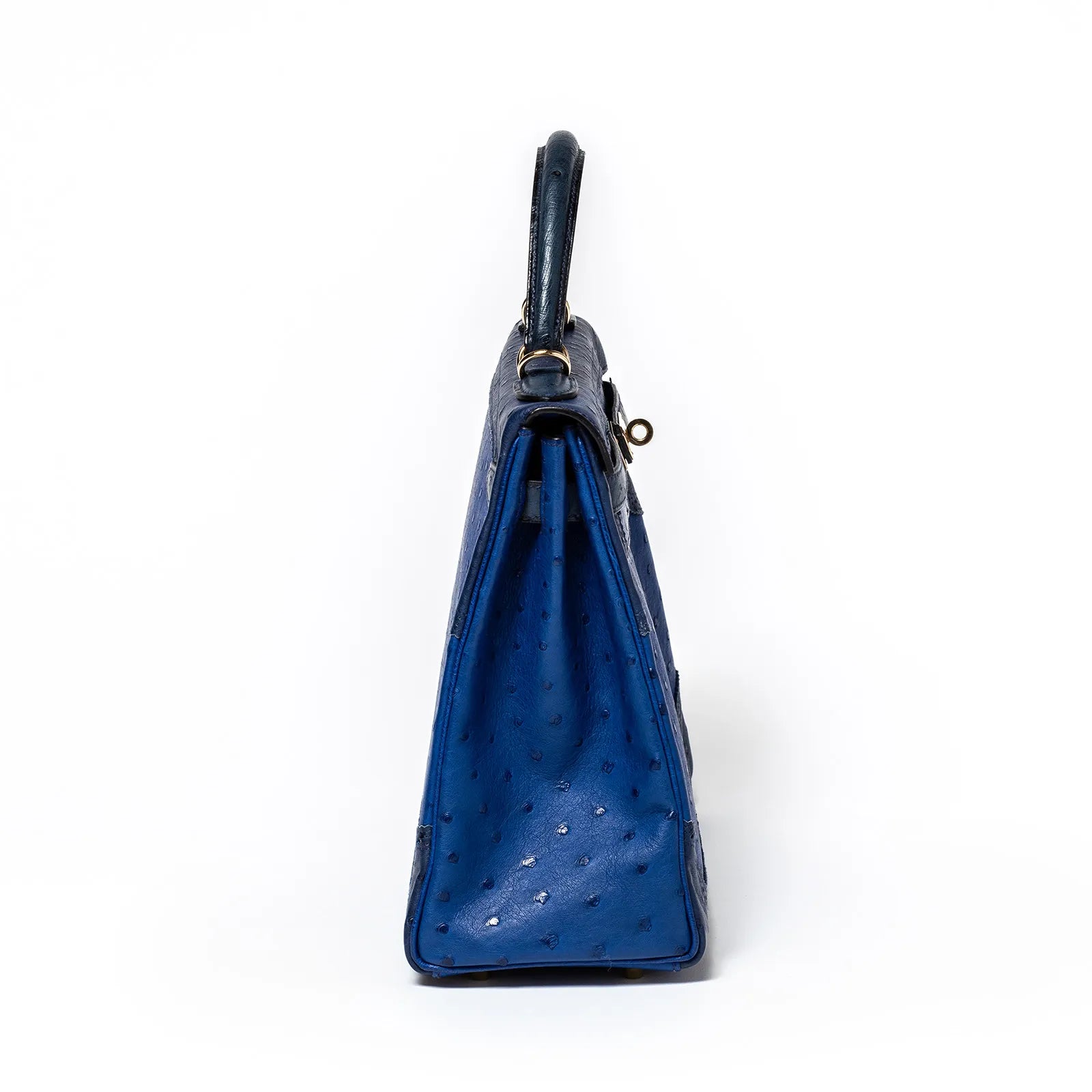 Hermès Kelly 32 Ghillies Blue Sapphire/Blue Iris/Blue Thalassa Ostrich Permabrass Hardware