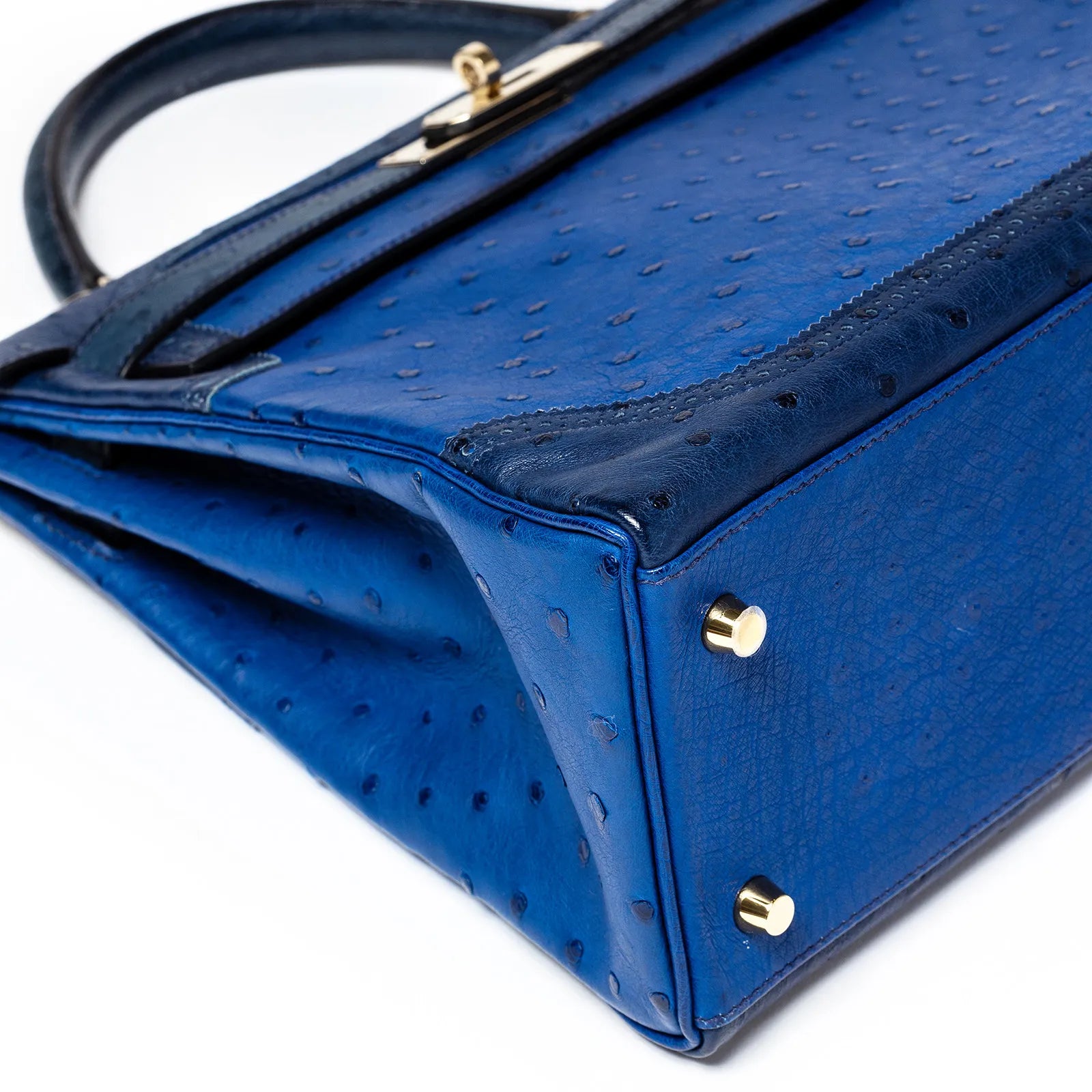 Hermès Kelly 32 Ghillies Blue Sapphire/Blue Iris/Blue Thalassa Ostrich Permabrass Hardware