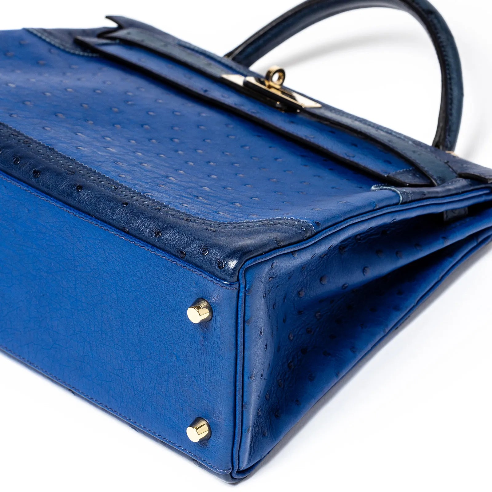 Hermès Kelly 32 Ghillies Blue Sapphire/Blue Iris/Blue Thalassa Ostrich Permabrass Hardware