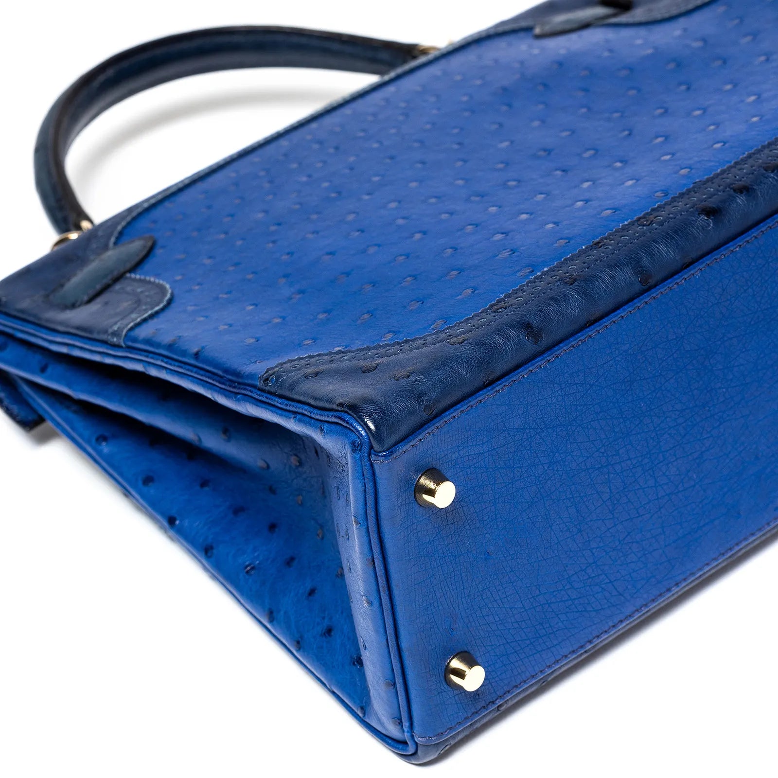 Hermès Kelly 32 Ghillies Blue Sapphire/Blue Iris/Blue Thalassa Ostrich Permabrass Hardware