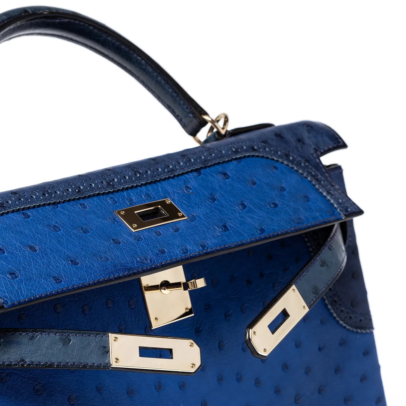 Hermès Kelly 32 Ghillies Blue Sapphire/Blue Iris/Blue Thalassa Ostrich Permabrass Hardware