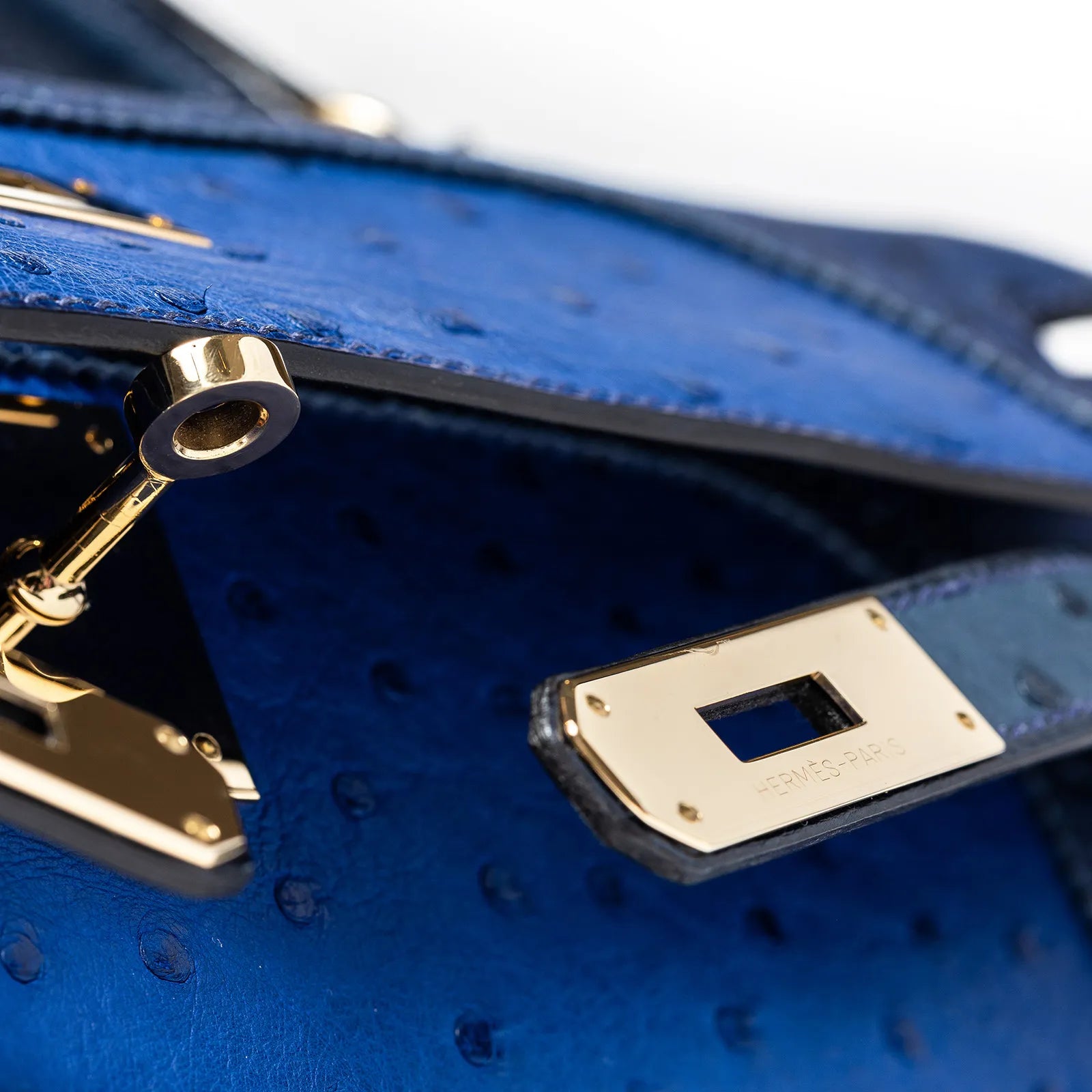 Hermès Kelly 32 Ghillies Blue Sapphire/Blue Iris/Blue Thalassa Ostrich Permabrass Hardware