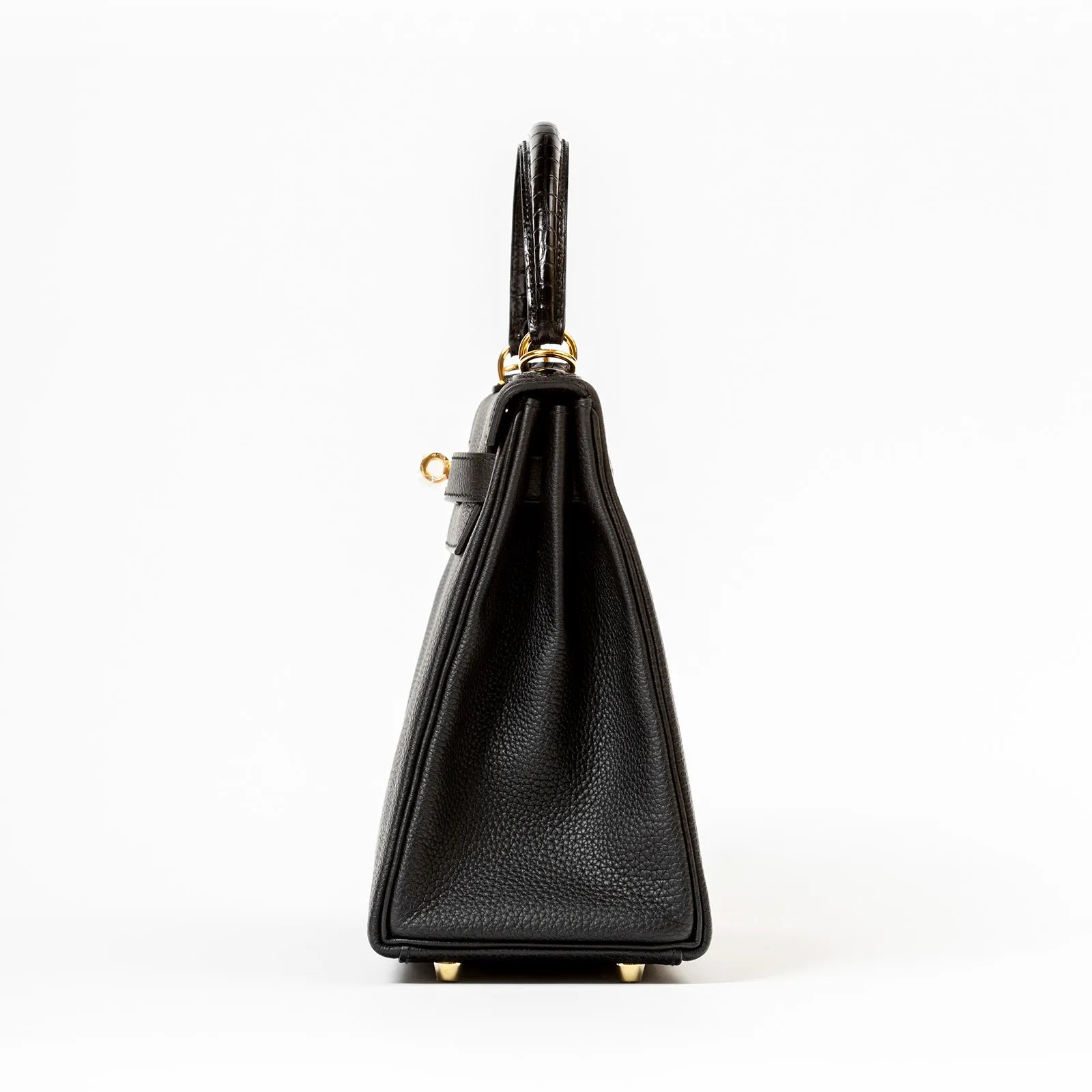 Hermès Kelly Retourne 28 Black Togo and Matte Porosus Crocodile Touch Gold Hardware