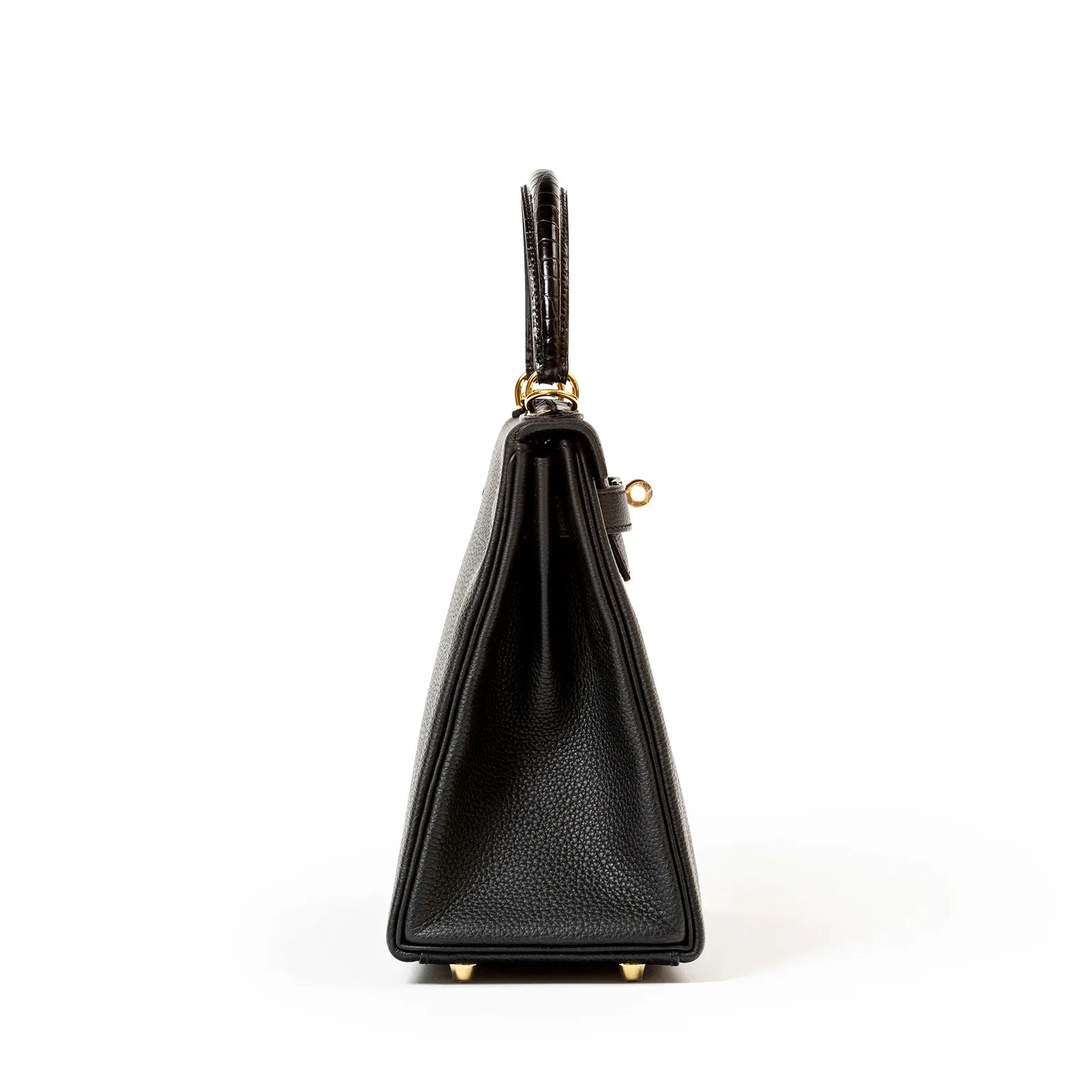 Hermès Kelly Retourne 28 Black Togo and Matte Porosus Crocodile Touch Gold Hardware
