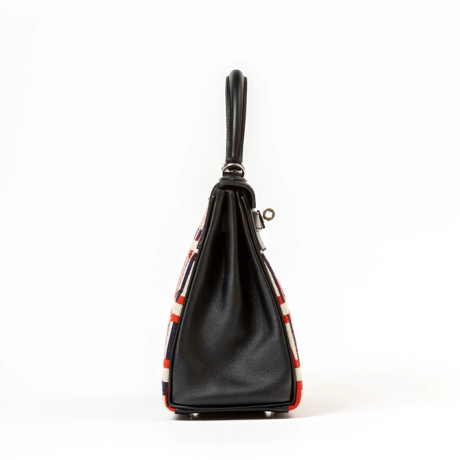 Hermès Kelly Retourne 28 Letter Au Carre Black Toile/Swift Palladium Hardware