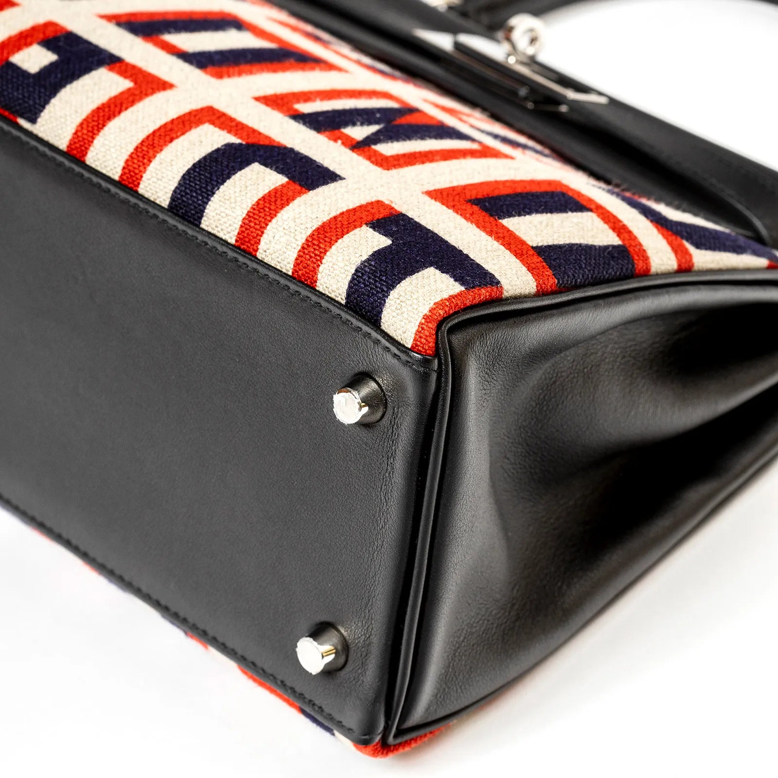 Hermès Kelly Retourne 28 Letter Au Carre Black Toile/Swift Palladium Hardware