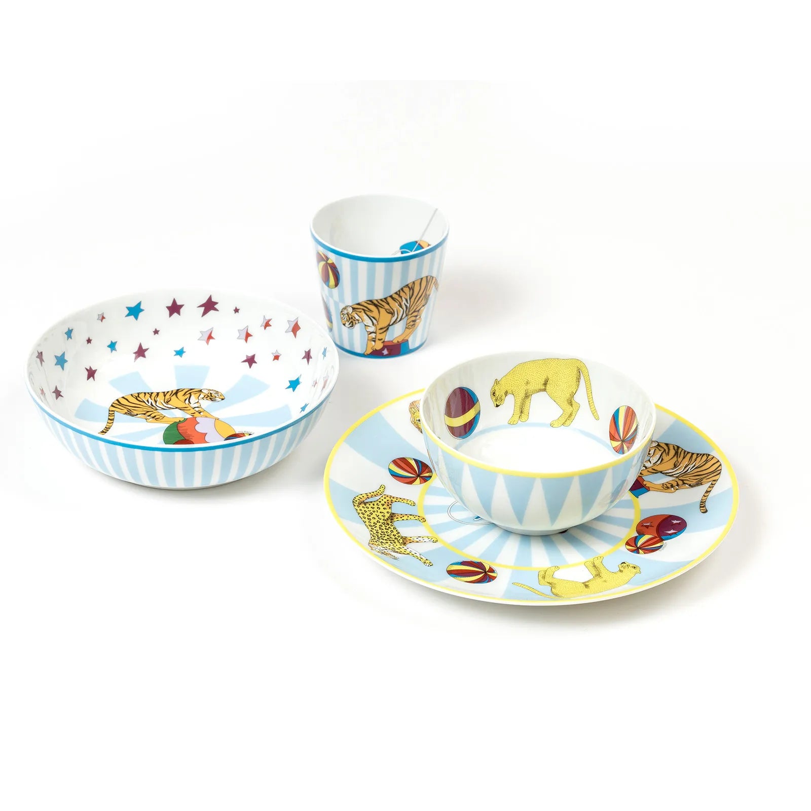 Hermes Circus set of 4; 1 Plate/2 Bowl/1 Cup Blue Tableware Set