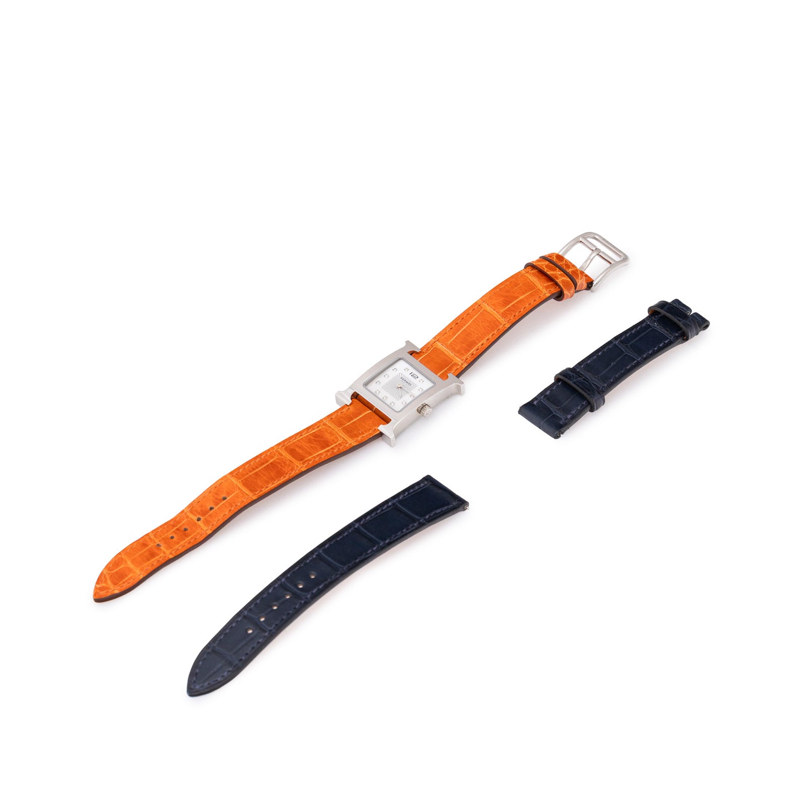 Hermès Heure H Watch 21mm Pearl/Steel Orange Shiny Alligator - Include 2 Alligator Watch Straps