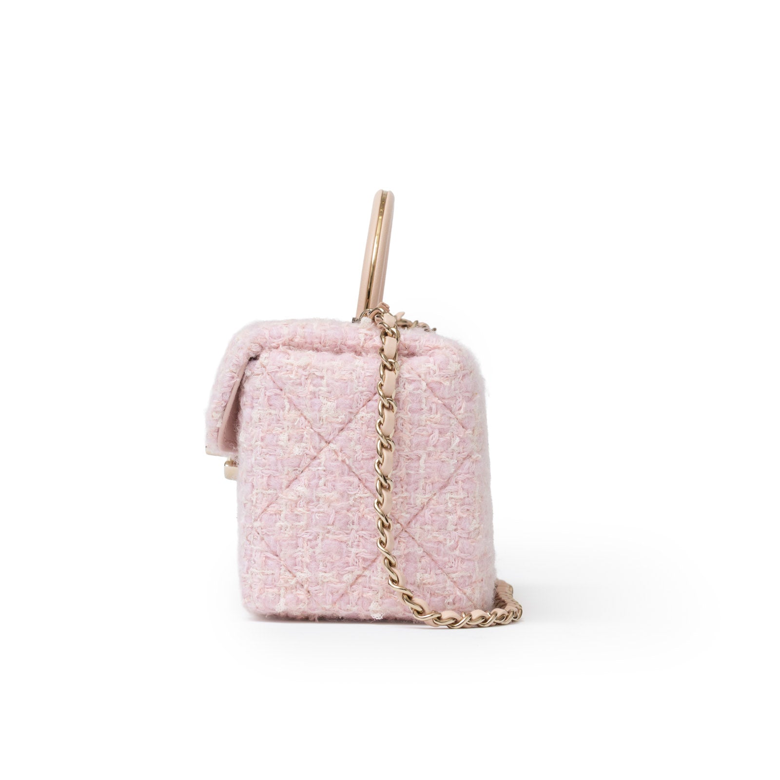 Chanel 23K Top Handle Vanity Box Tweed Chain Bag Pink Permabrass Hardware