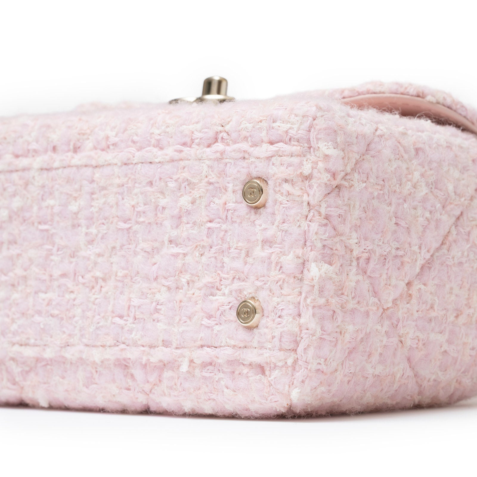 Chanel 23K Top Handle Vanity Box Tweed Chain Bag Pink Permabrass Hardware