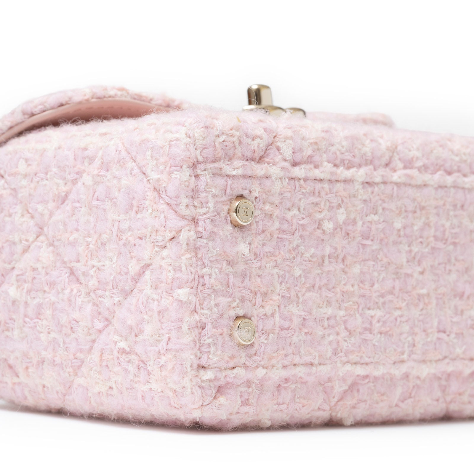 Chanel 23K Top Handle Vanity Box Tweed Chain Bag Pink Permabrass Hardware