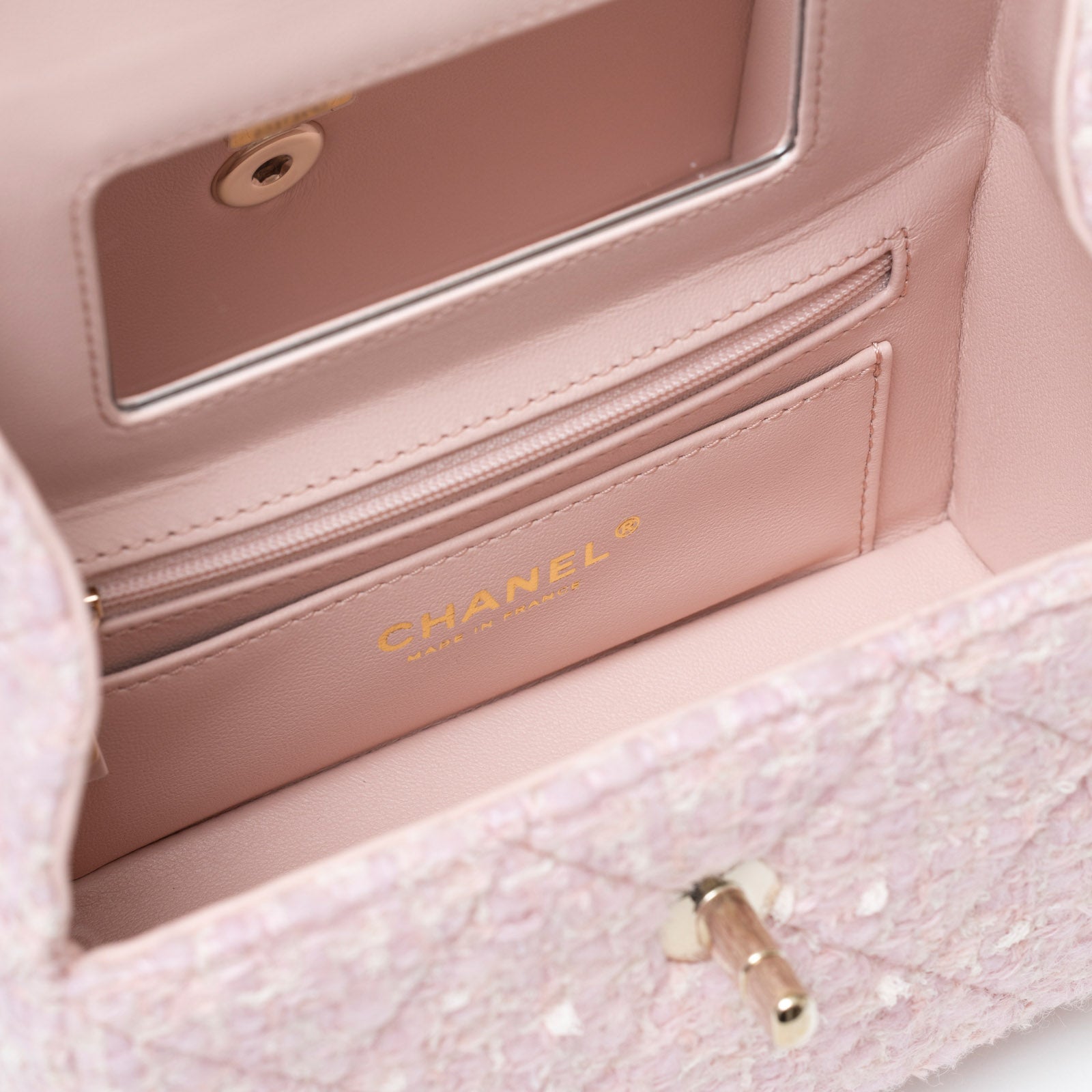 Chanel 23K Top Handle Vanity Box Tweed Chain Bag Pink Permabrass Hardware