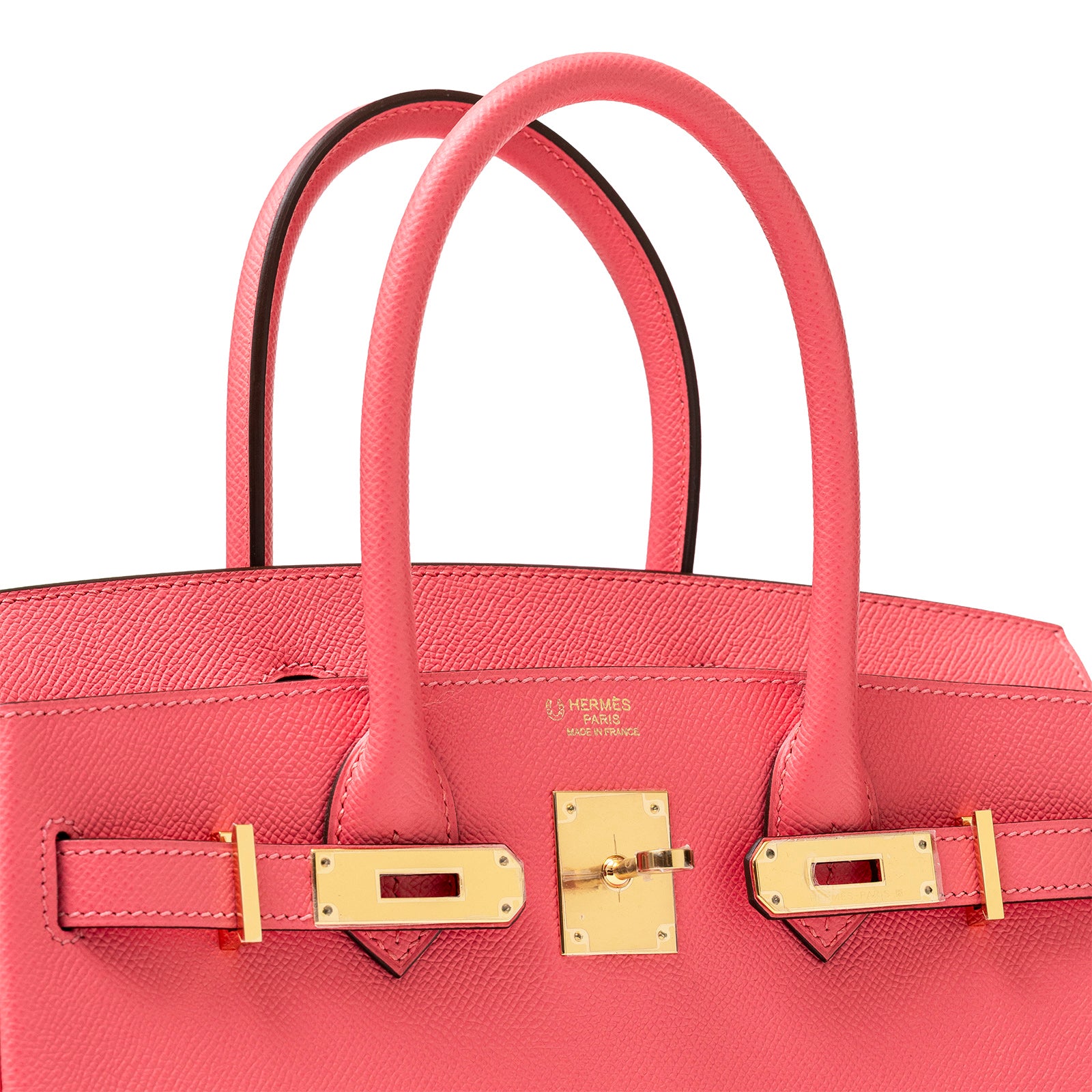 Close-up front view of Hermès Special Order Horseshoe Stamp Birkin 30 Rose Azalee Epsom Gold Hardware showing clasp detail
