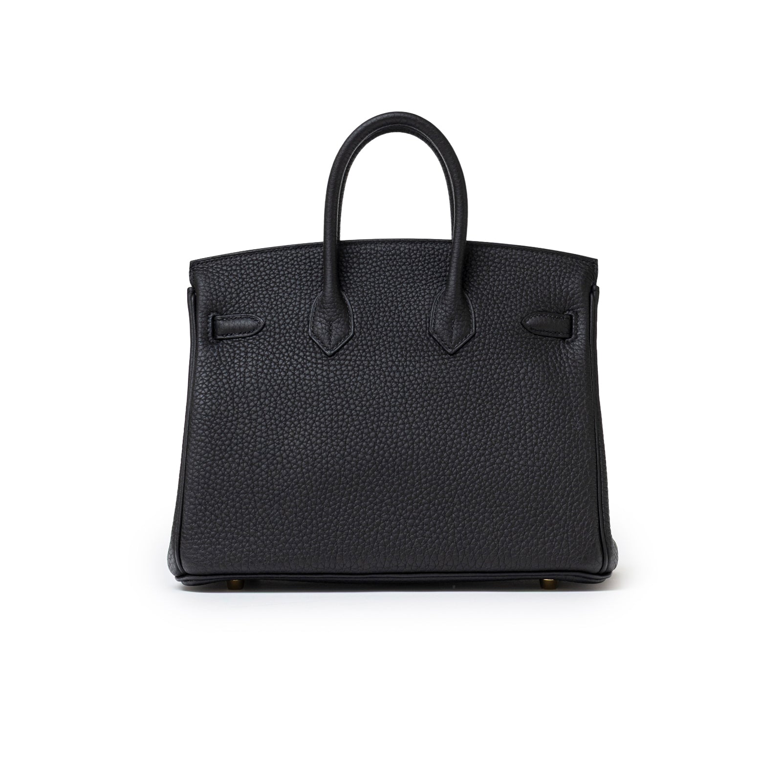 Front view of Hermès Birkin 25 Black Togo Gold Hardware showing textured leather and smooth handles