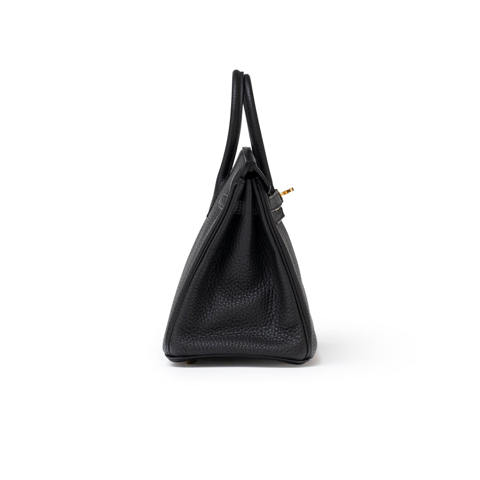 Side profile of Hermès Birkin 25 Black Togo Gold Hardware showing textured leather and slim silhouette