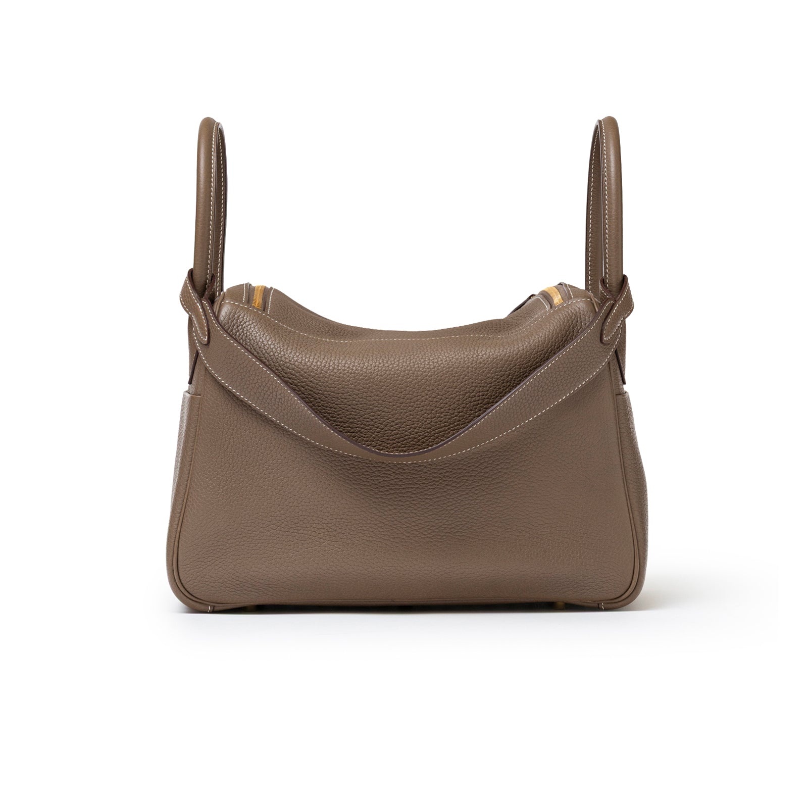 Back view of Hermès Lindy 30 Etoupe Clemence Gold Hardware handbag showcasing pebbled leather and dual straps