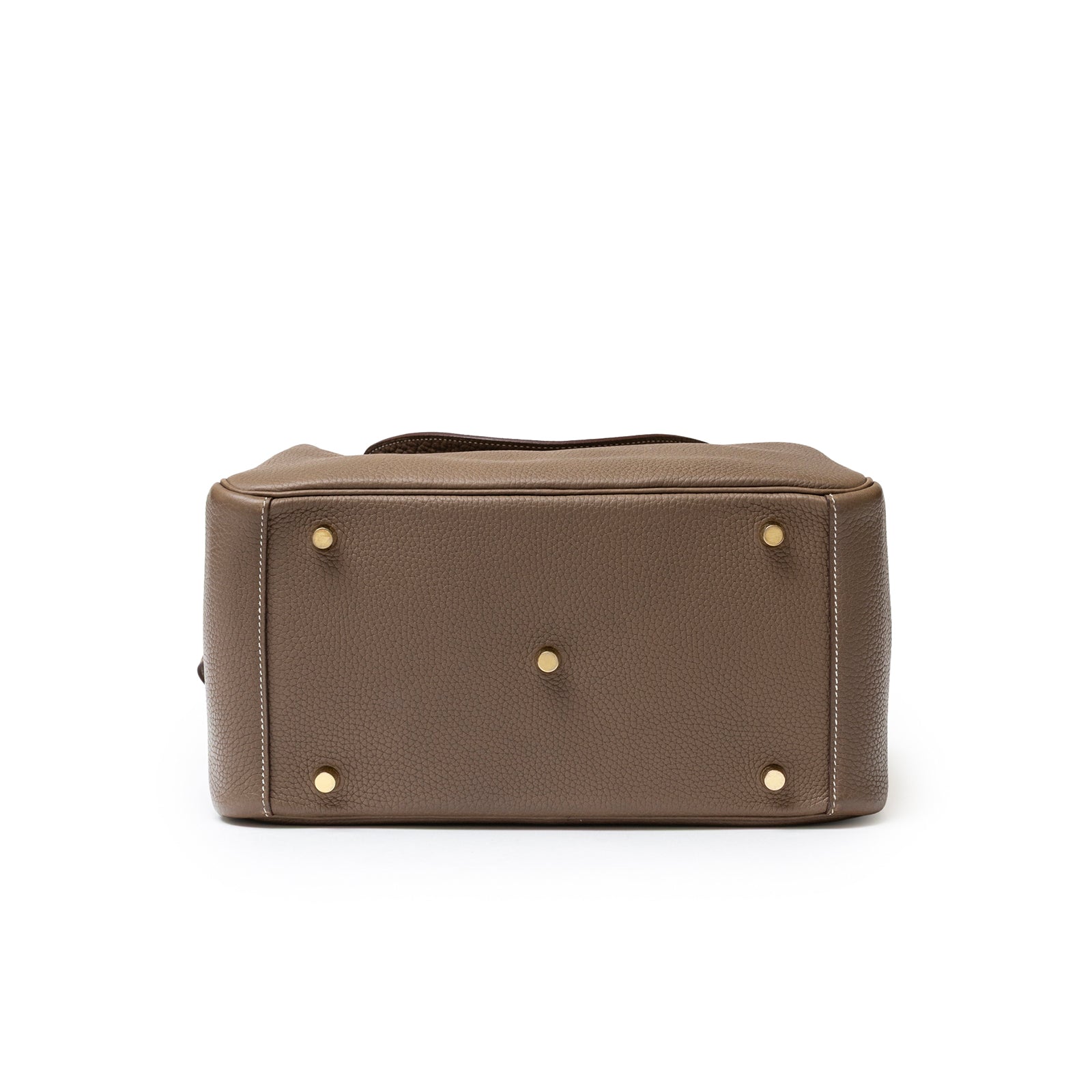 Bottom view of Hermès Lindy 30 Etoupe Clemence Gold Hardware showing leather texture and protective feet details