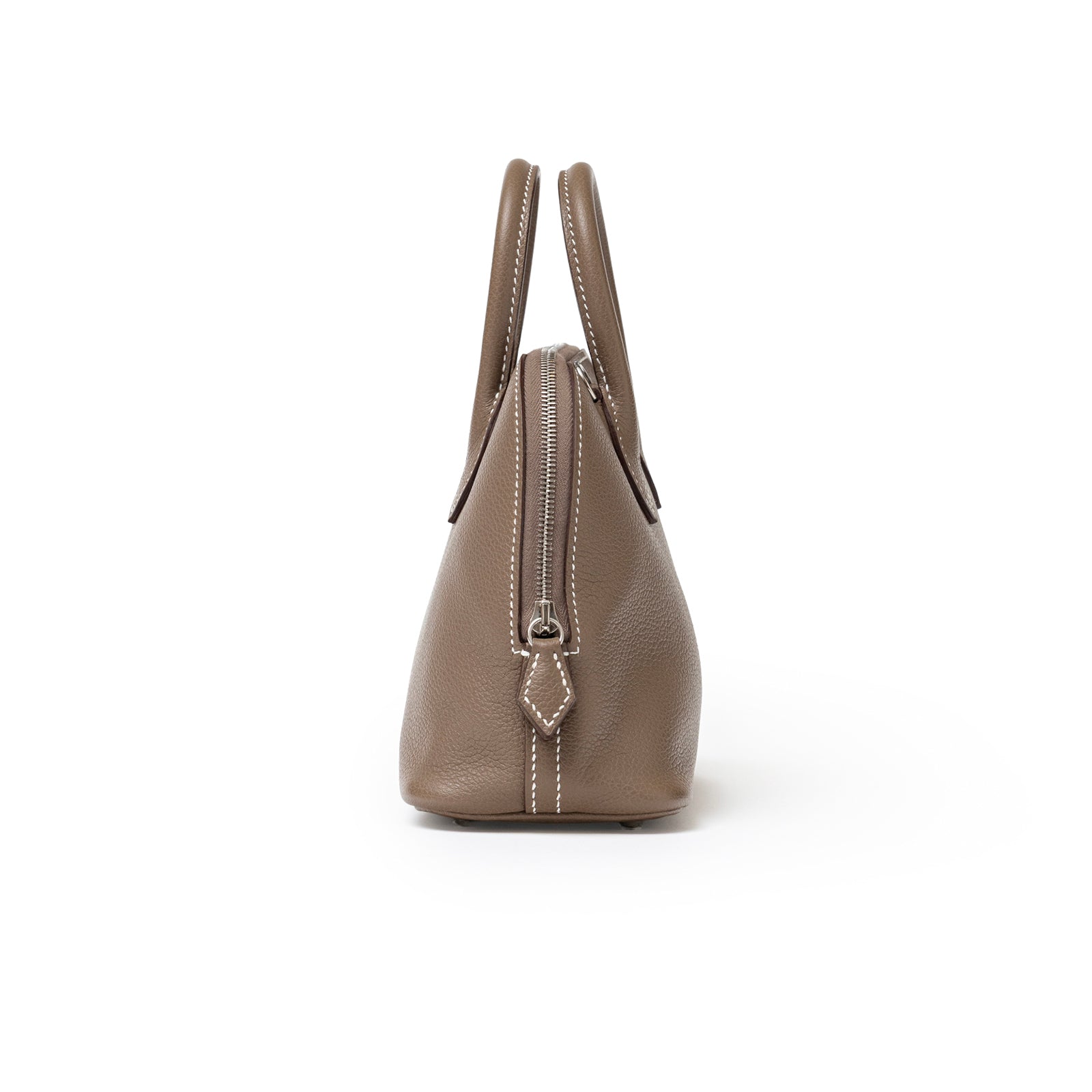 Side view of Hermès 1923 Bolide Mini Etoupe Evercolor Palladium Hardware showing zipper and stitching detail