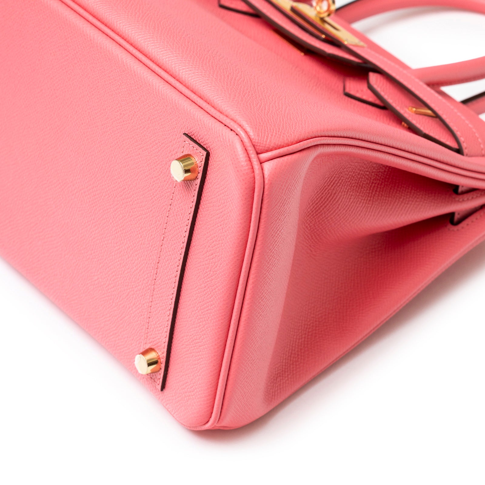 Close-up angled shot of bottom corner showing Epsom leather texture and gold hardware on Hermès Special Order Horseshoe Stamp Birkin 30 Rose Azalee Epsom Gold Hardware