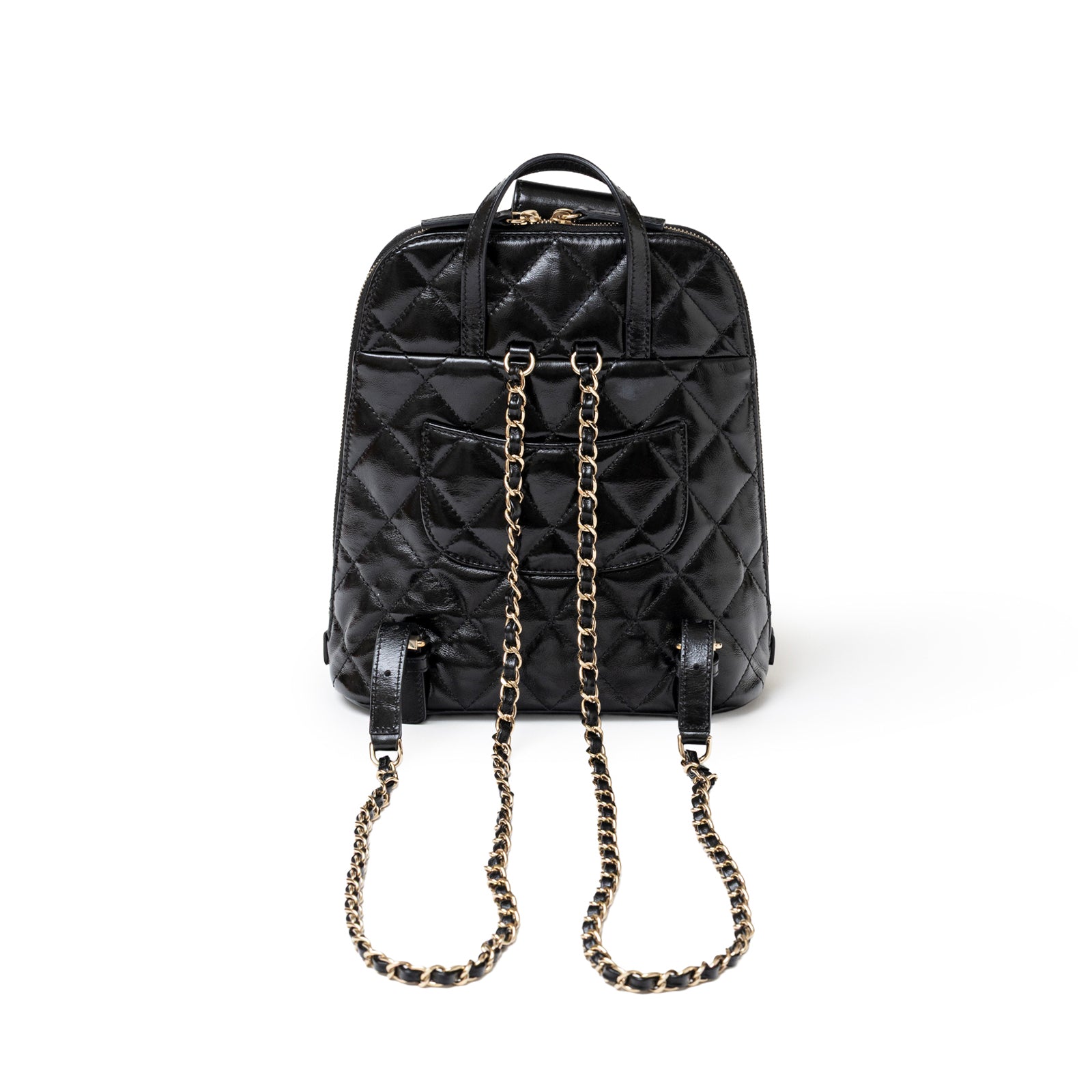 Back view of Chanel My Pocket Backpack Black Shiny Calfskin Gold Hardware with chain leather straps and quilted details