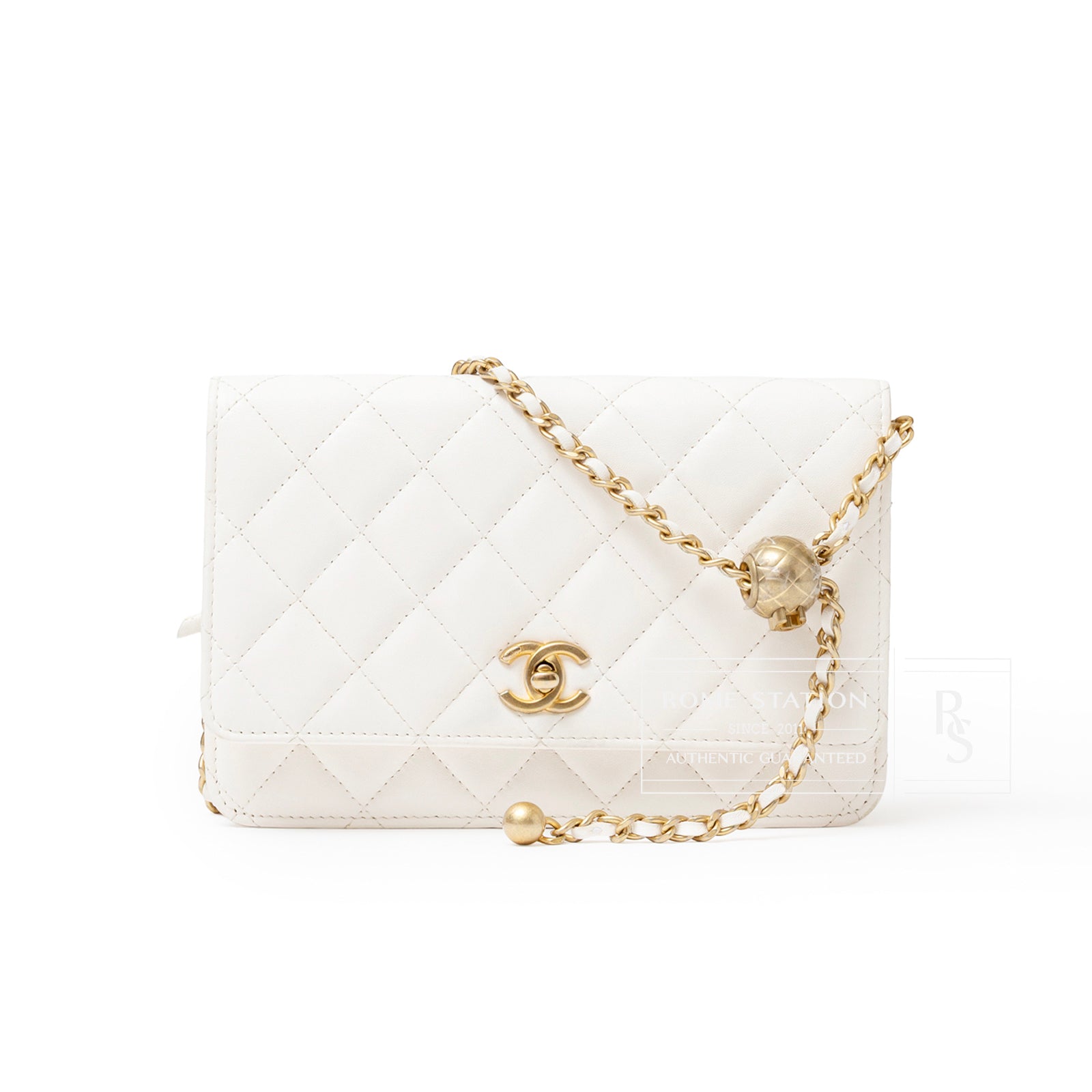 Front view of Chanel CC Pearl Crush Wallet on Chain WOC Quilted Lambskin White Brushed Gold Hardware showing quilted design and chain strap