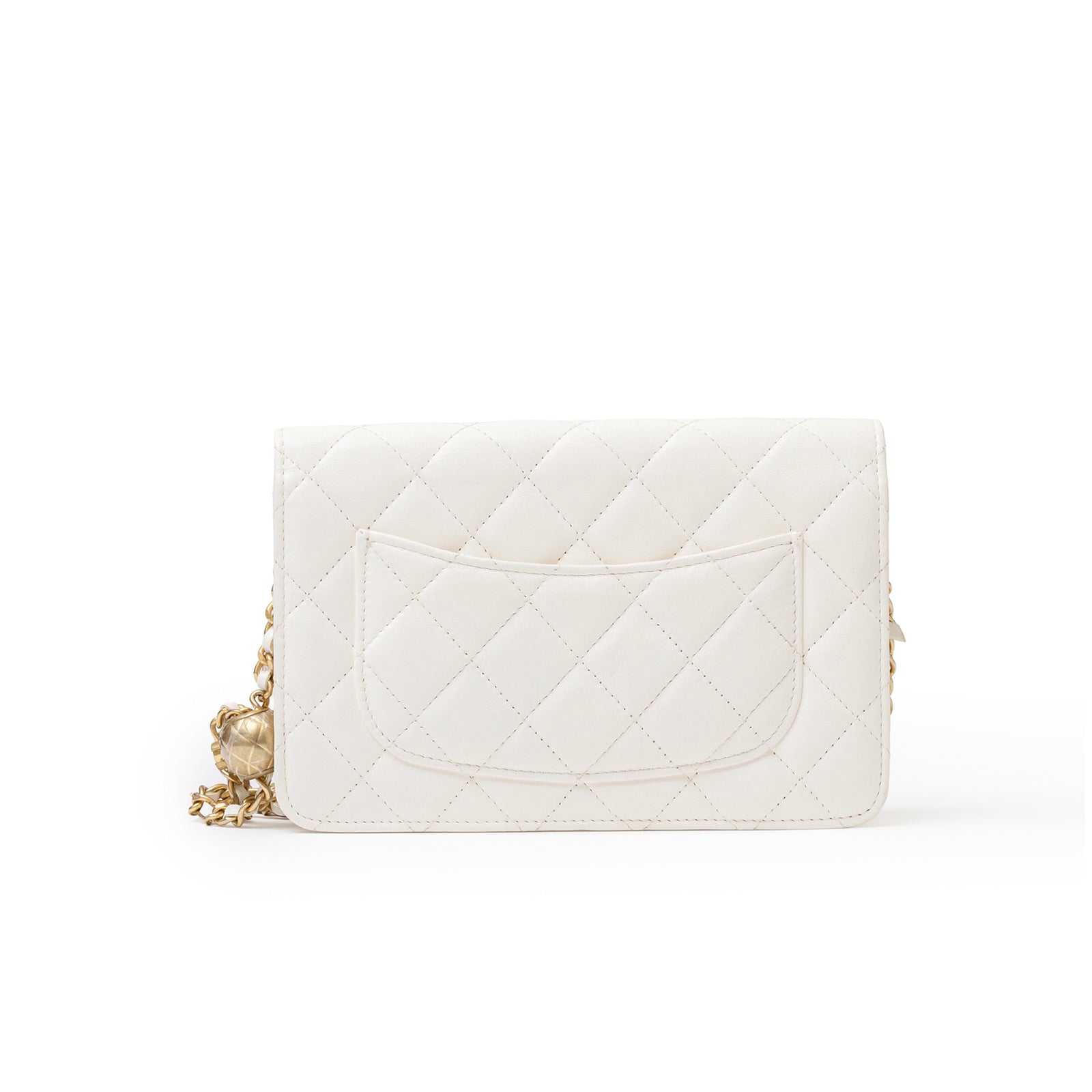 Back view of Chanel CC Pearl Crush Wallet on Chain WOC Quilted Lambskin White Brushed Gold Hardware showing external pocket and chain detail