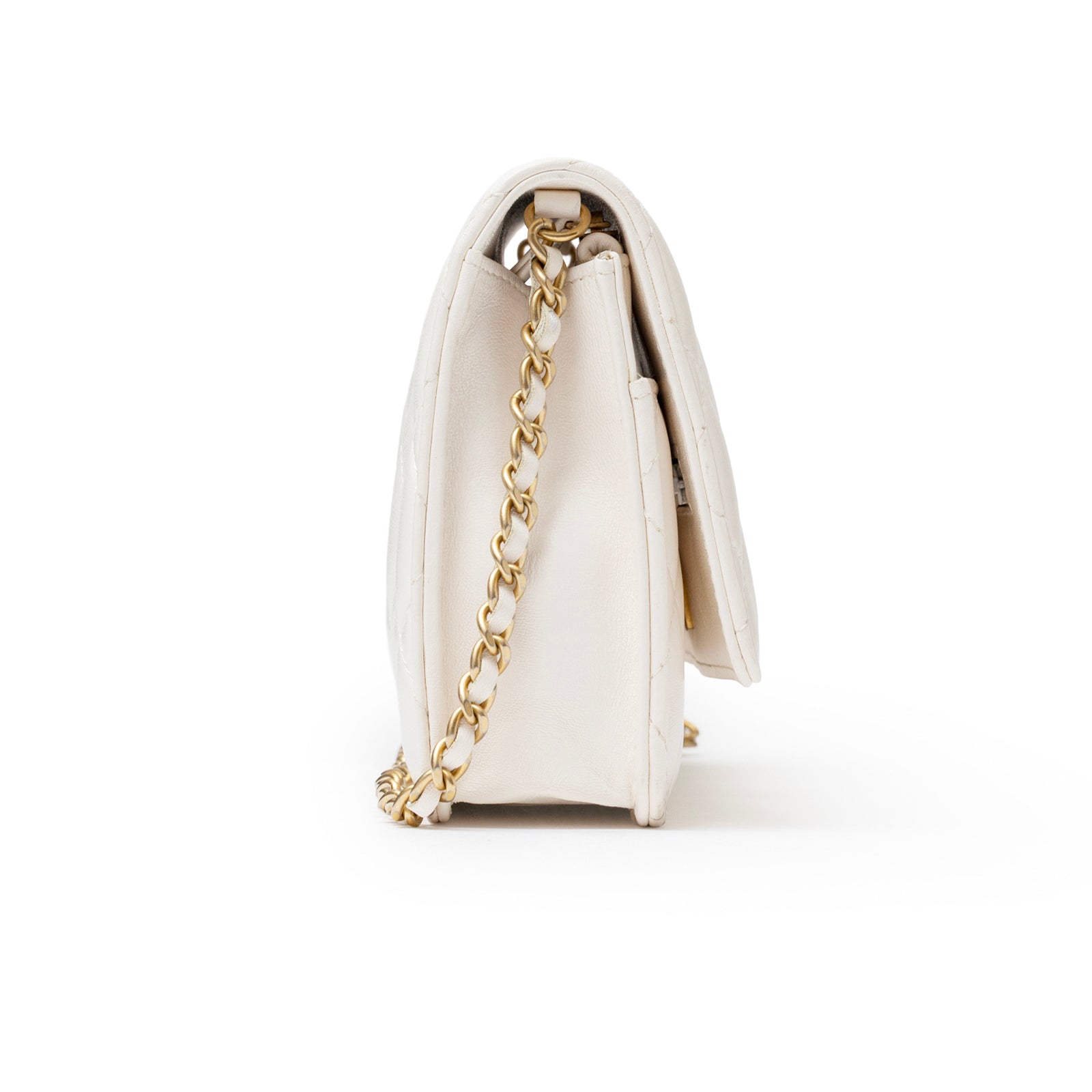 Side profile of Chanel CC Pearl Crush Wallet on Chain WOC Quilted Lambskin White Brushed Gold Hardware showing chain strap detail