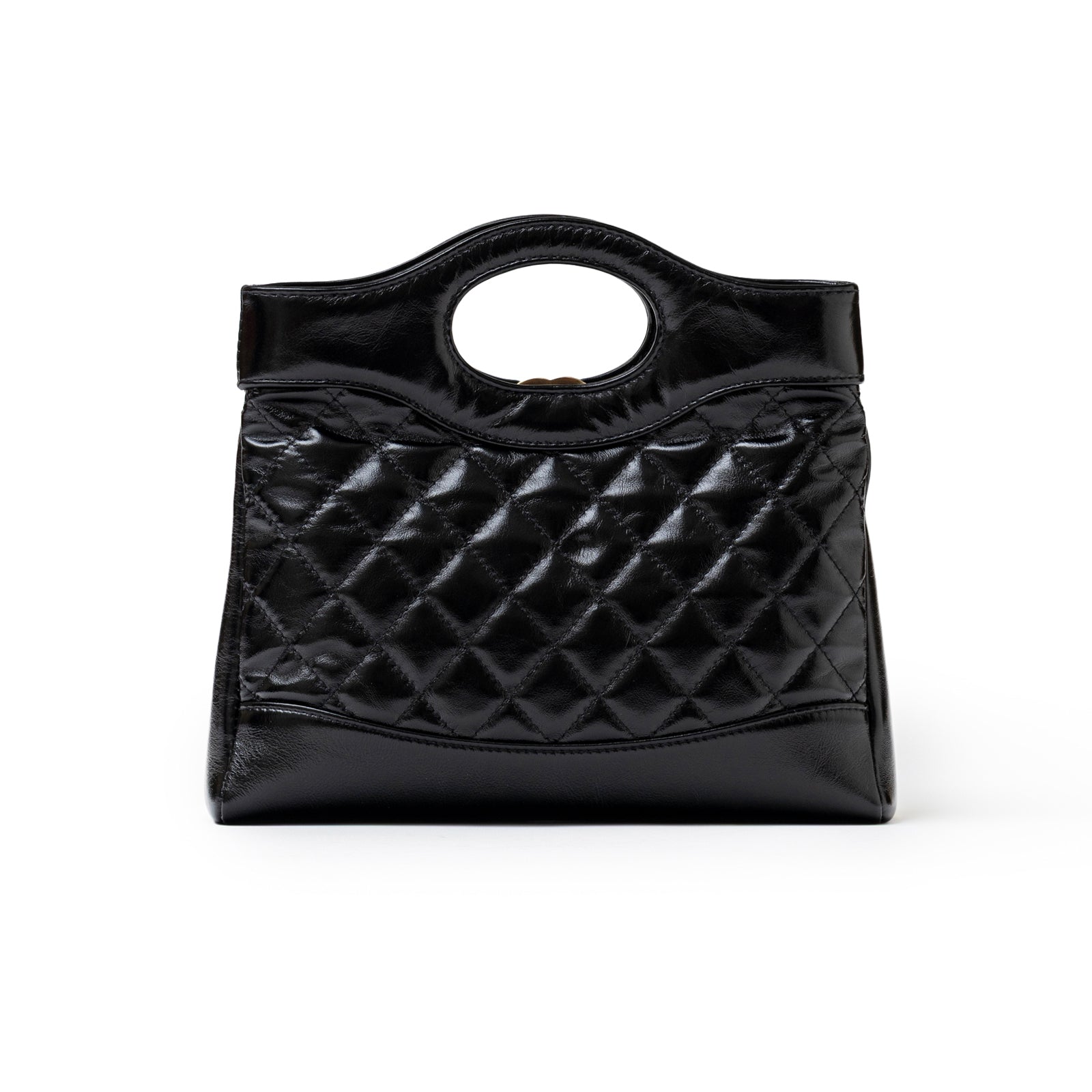 Front view of Chanel Mini 31 Shopping Tote Calfskin Black Gold Hardware with quilted texture and oval handle cutout