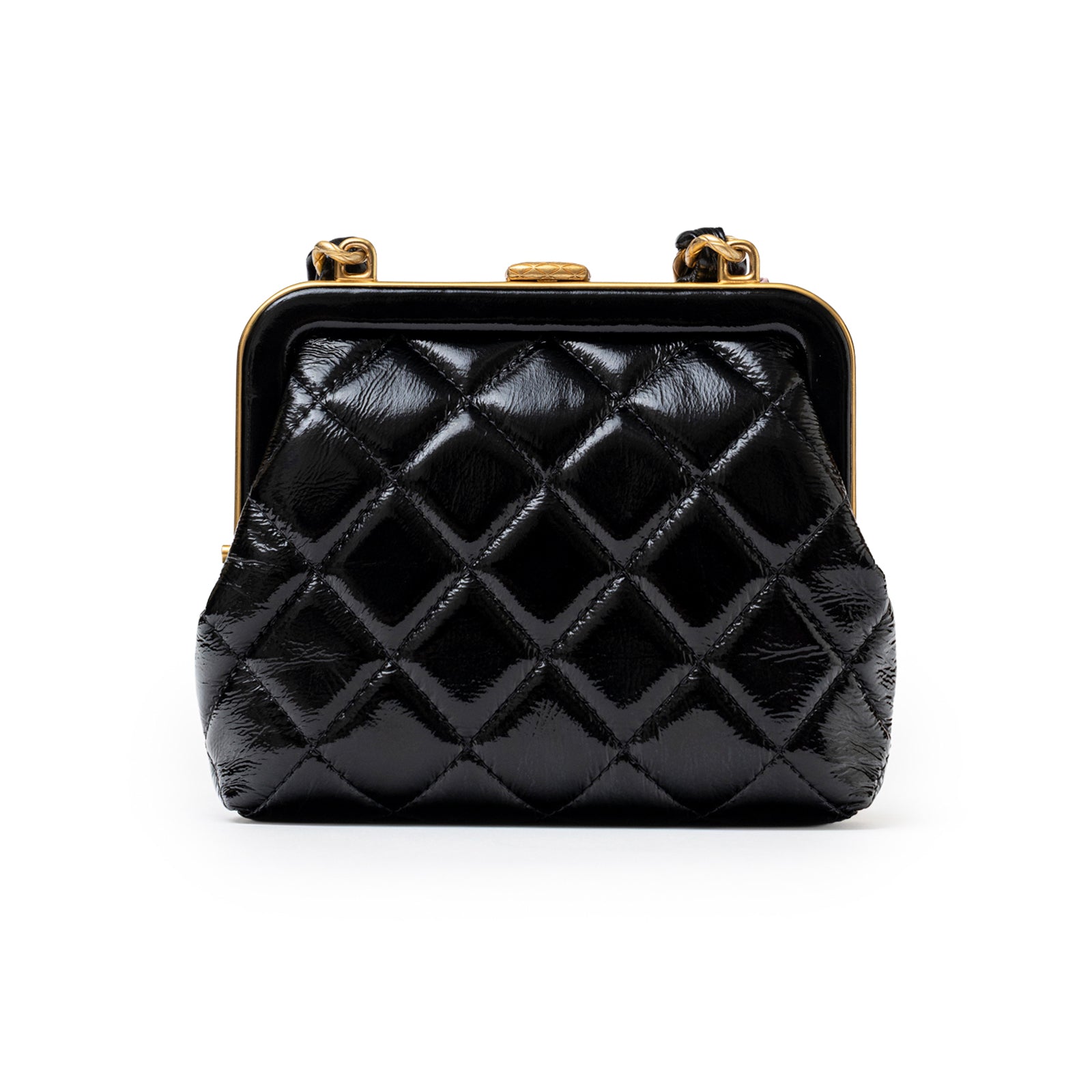 Front view of Chanel Maxi Bow Clutch With Chain Black/Pink Shiny Quilted Patent Crumpled Lambskin Brushed Gold Hardware