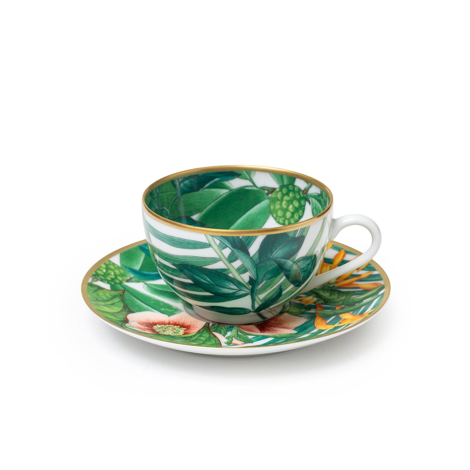 Angled view of Hermès Passifolia Porcelain Tea Cup and Saucer Green & White 24K Gold & Porcelain Set of 2 with floral design
