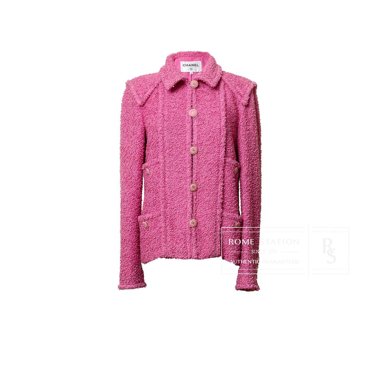 Front view of Chanel Tweed Jacket Victoria Ceretti Fushia with textured fabric and signature buttons visible