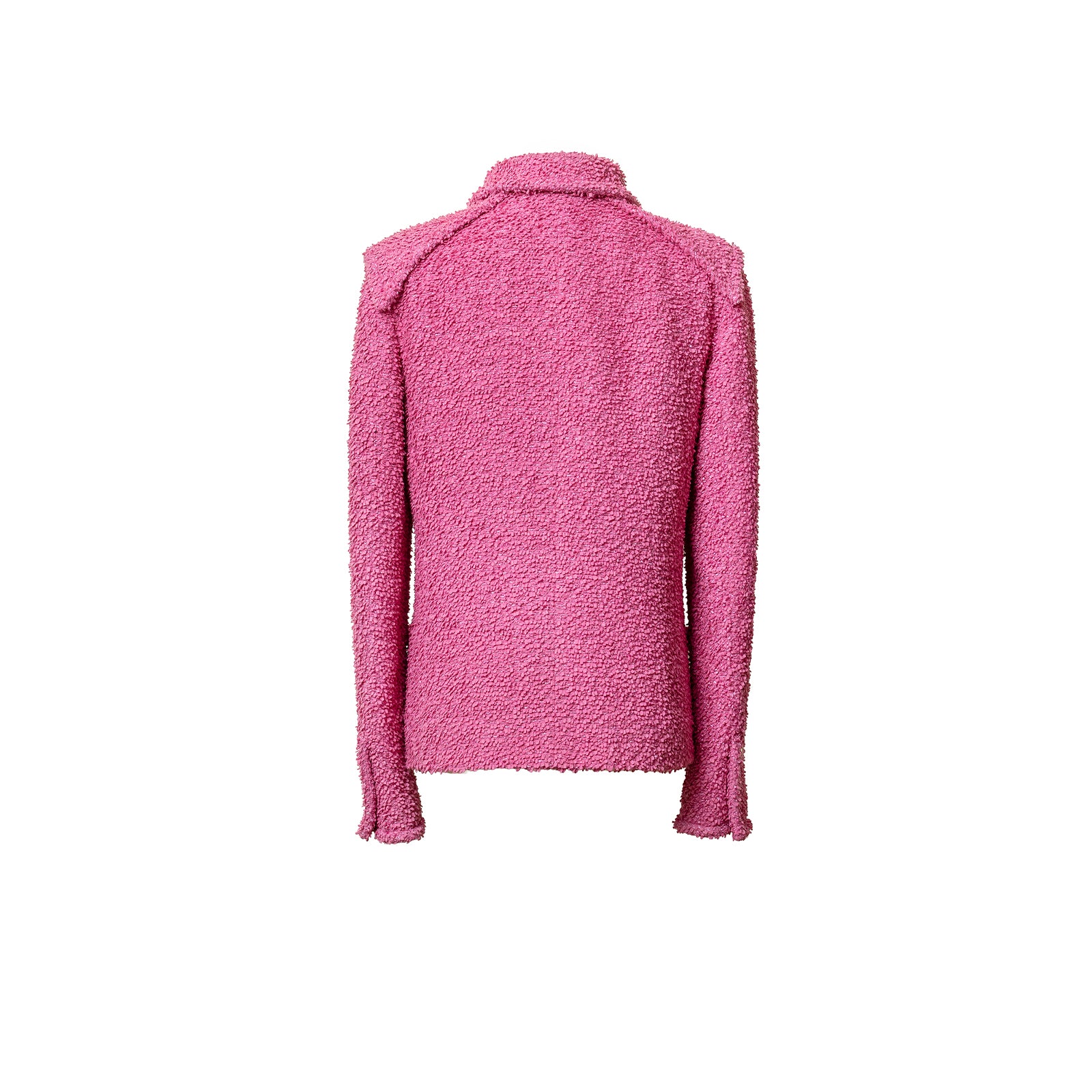 Back view of Chanel Tweed Jacket Victoria Ceretti Fushia showing textured fabric and classic collar design.