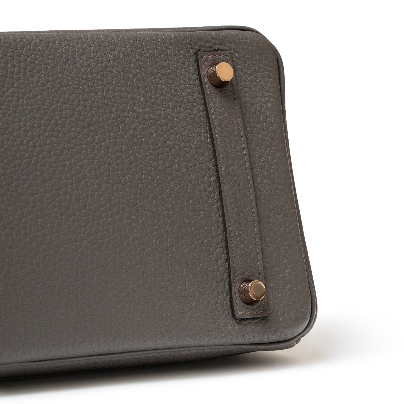 Close-up of bottom corner showing Etain Togo leather and rose gold hardware on Hermès Birkin 30 Etain Togo Rose Gold Hardware
