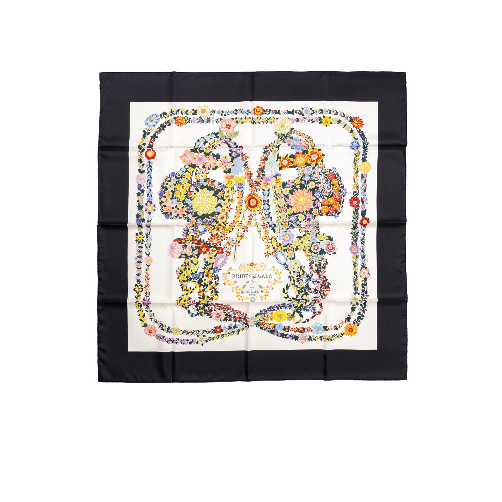 Top-down view of Hermès Brides de Gala en Fleurs Scarf 90 Su/Black/Ivory/Multi with floral butterfly design and black border.