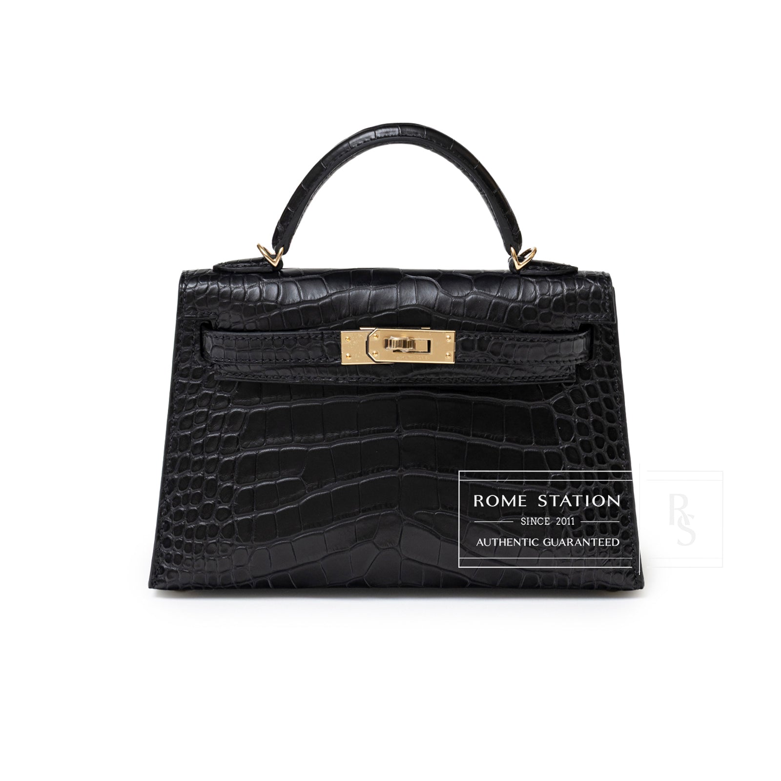 Front view of Hermès Horseshoe Mini Kelly II Black/Blue Matte Alligator Permabrass Hardware handbag