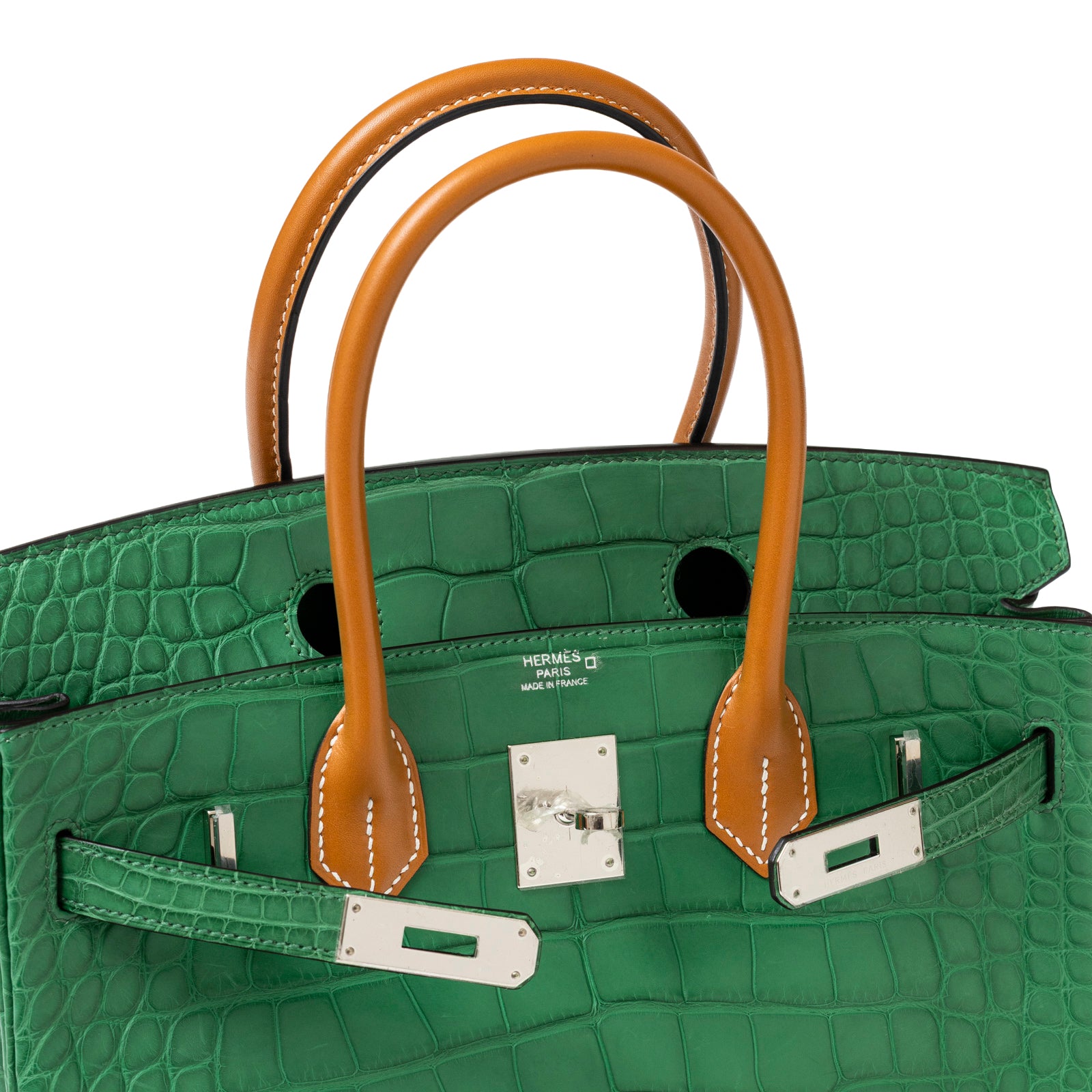 Close-up front view of Hermès Birkin 30 Touch Cactus/Naturel-Sable Matte Alligator Palladium Hardware showing clasp and handles.