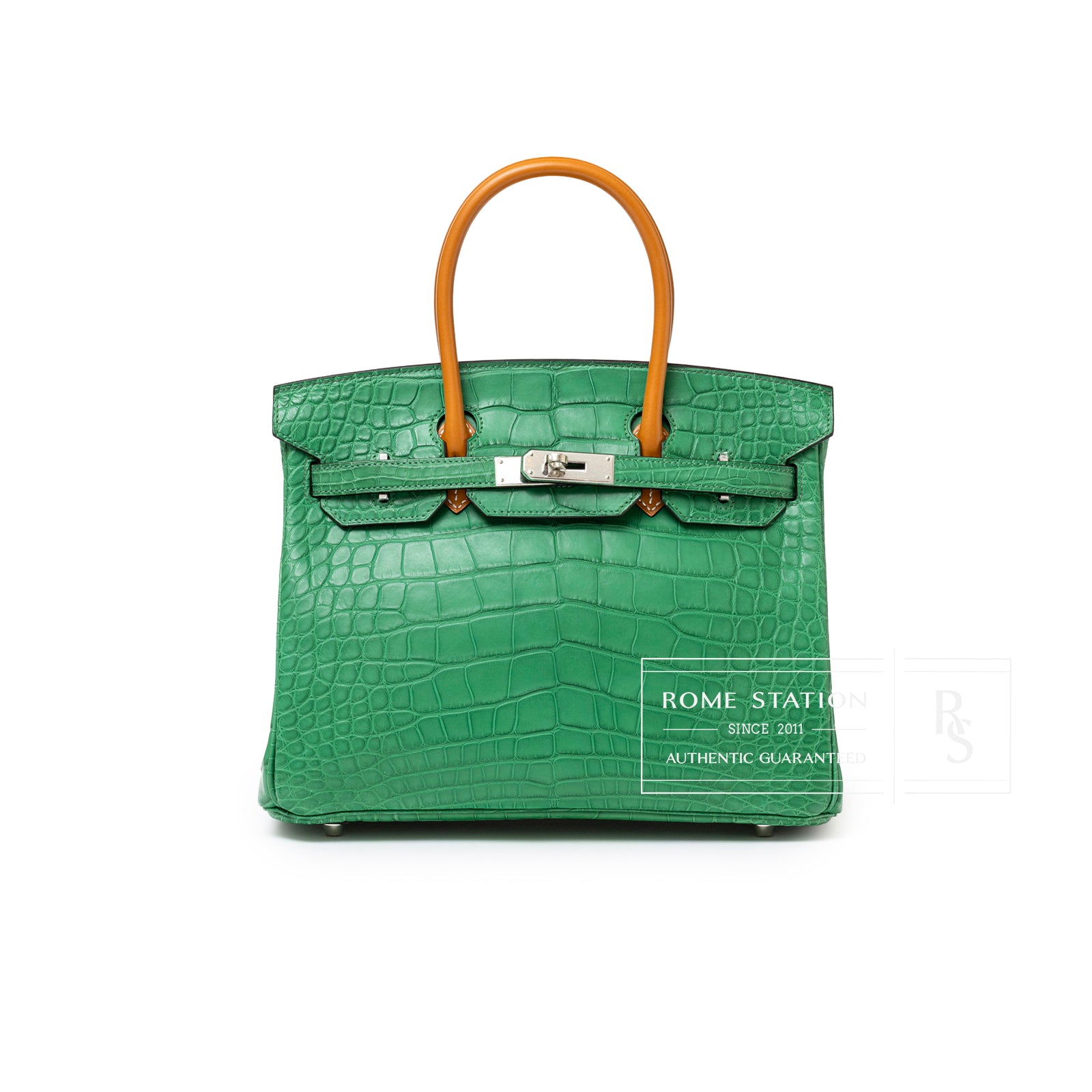 Front view of Hermès Birkin 30 Touch Cactus/Naturel-Sable Matte Alligator Palladium Hardware handbag showing green alligator texture and tan handles