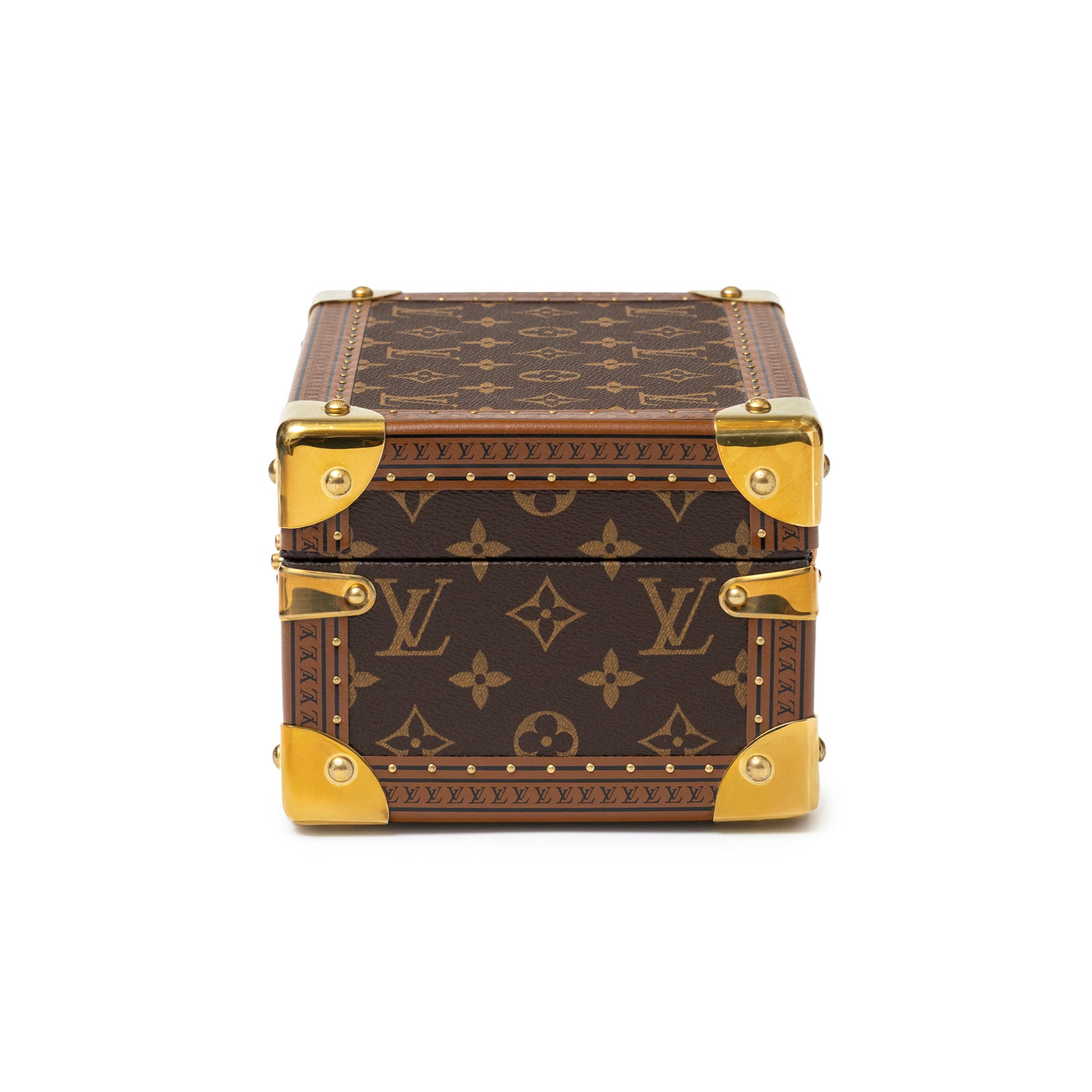 Side view of Louis Vuitton Coffret Trésor 24 Monogram/Pink Gold Hardware with signature canvas and gold corners