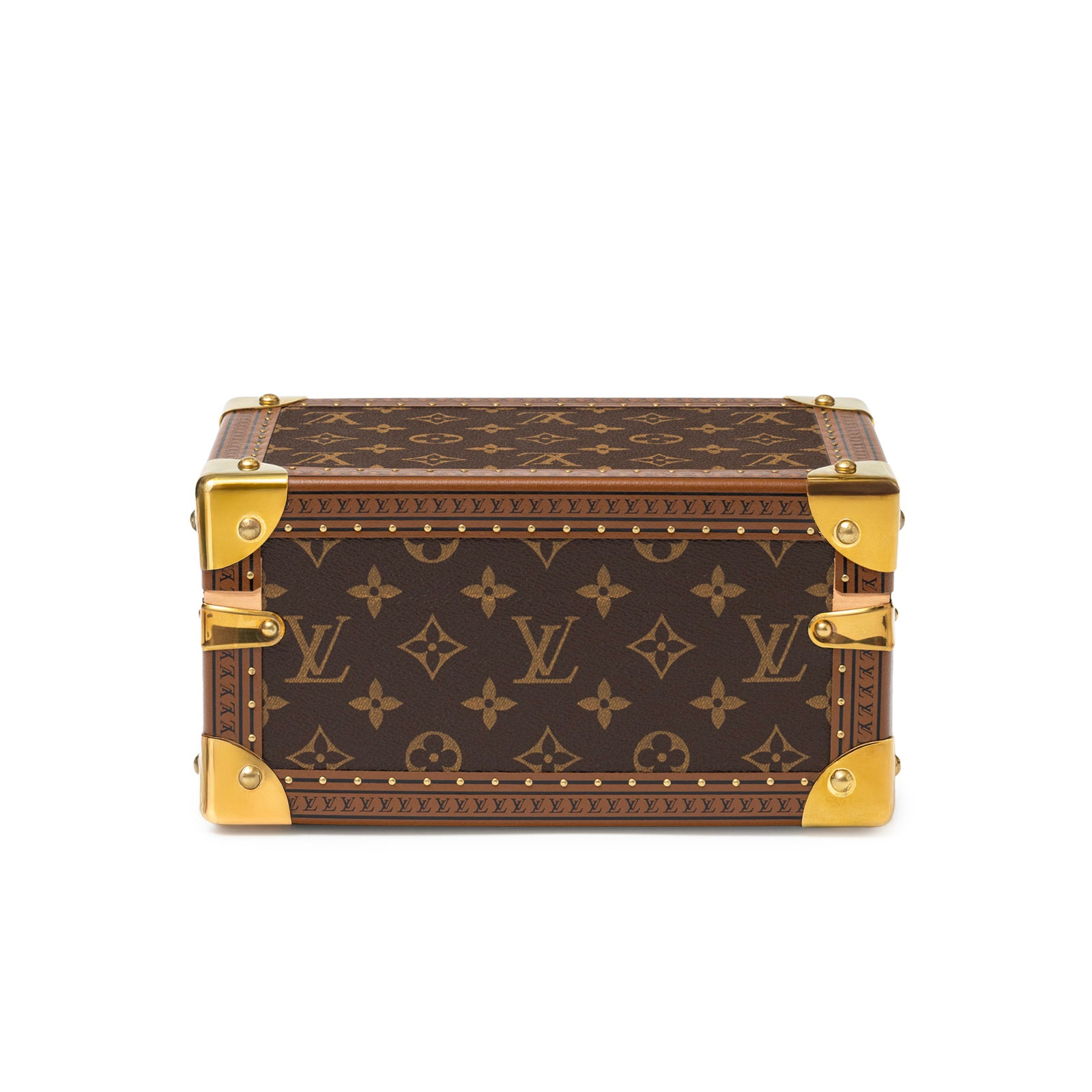 Back view of Louis Vuitton Coffret Trésor 24 Monogram/Pink Gold Hardware with signature canvas and corner protectors