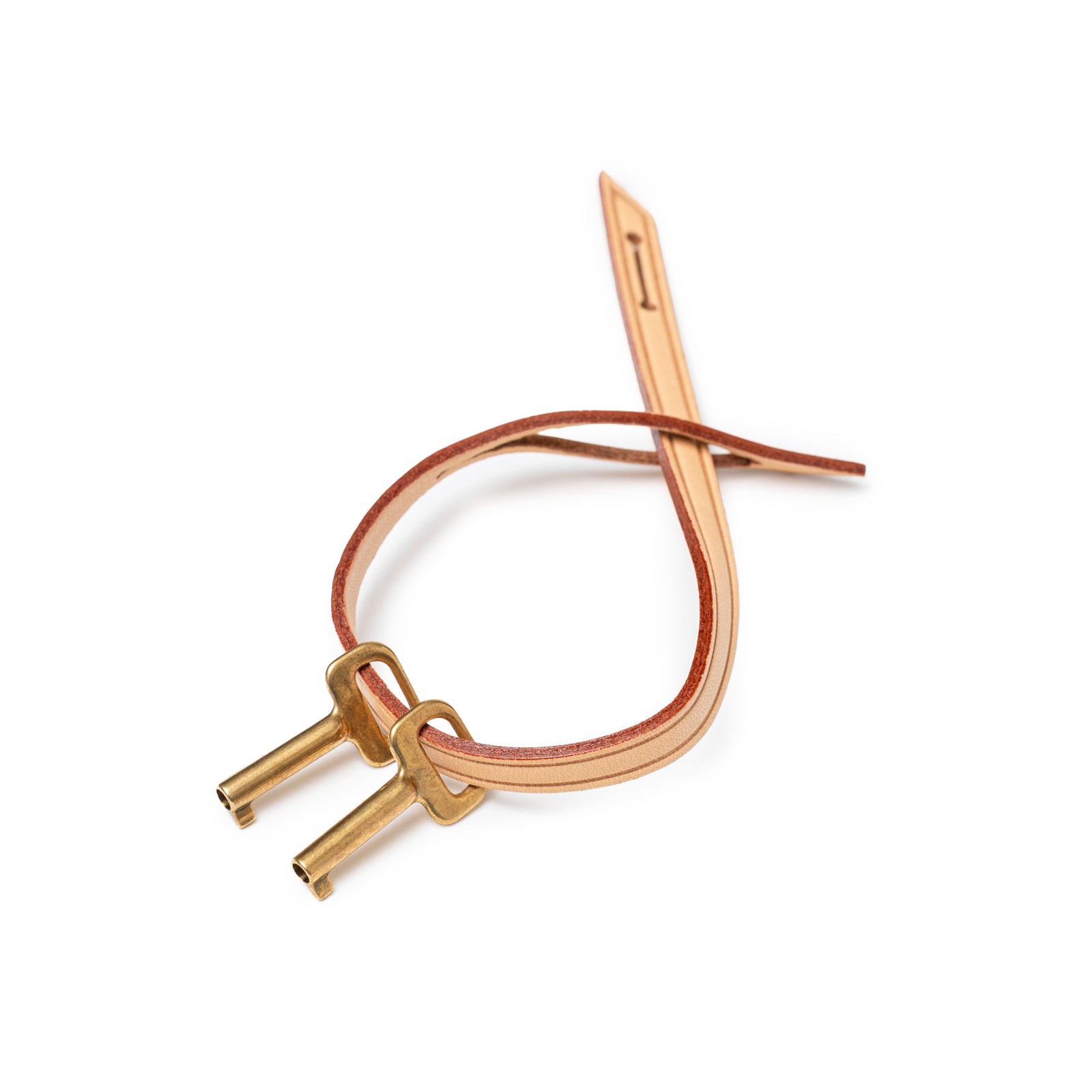 Close-up of two brass keys attached to leather strap for Louis Vuitton Coffret Trésor 24 Monogram/Pink Gold Hardware