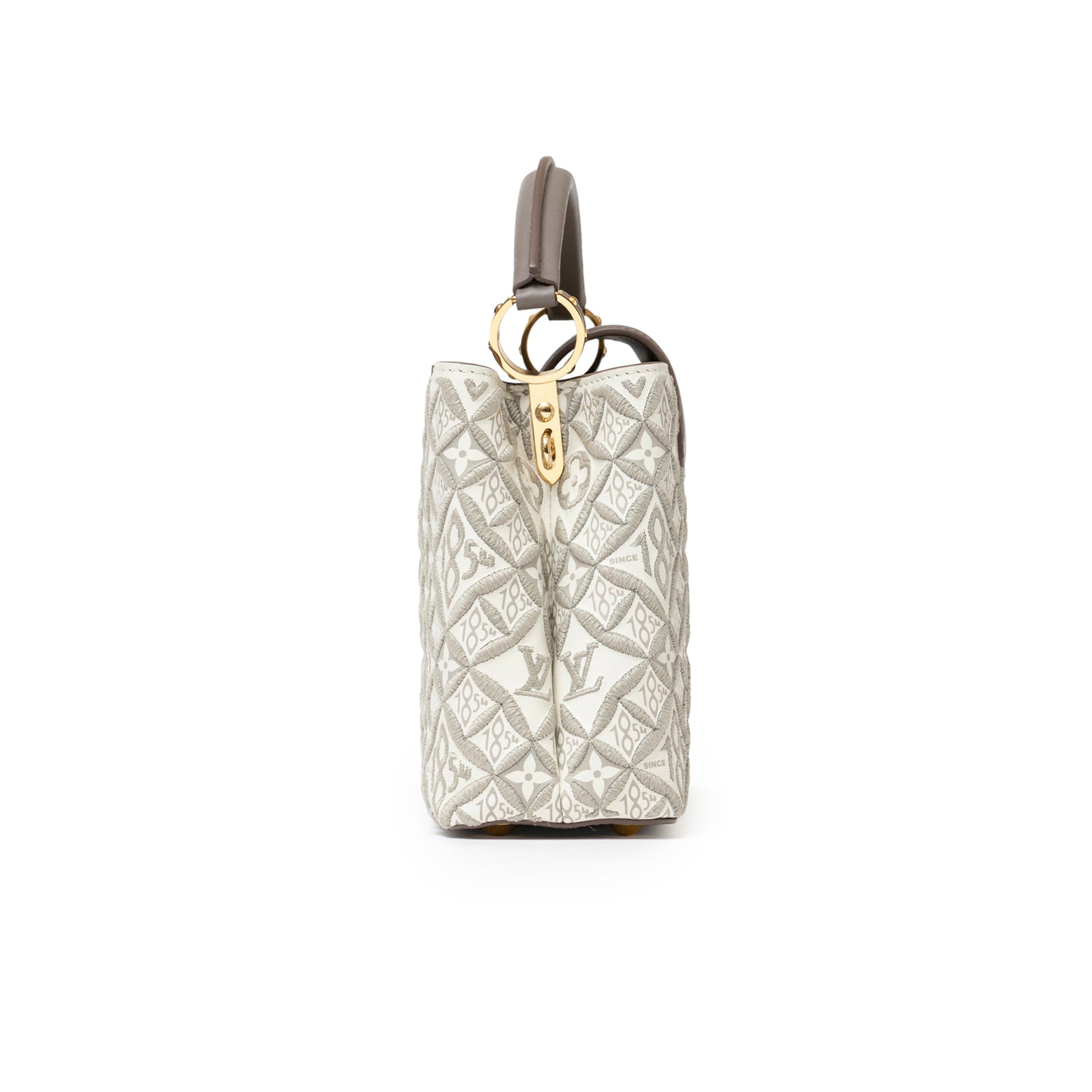 Louis Vuitton Since 1854 Embroidered Capucines BB Ecru/Taupe Calf Gold Hardware Side View