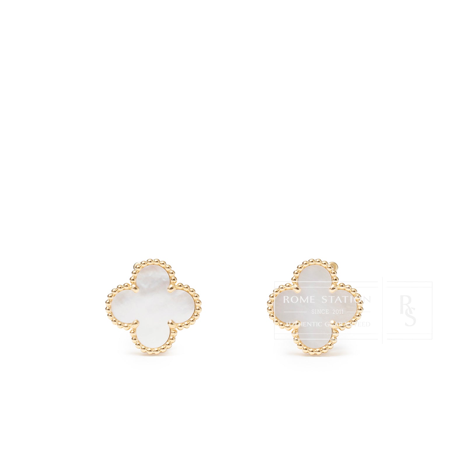 Front view of Van Cleef & Arpels Vintage Alhambra Earrings 18K Yellow Gold with white mother-of-pearl center
