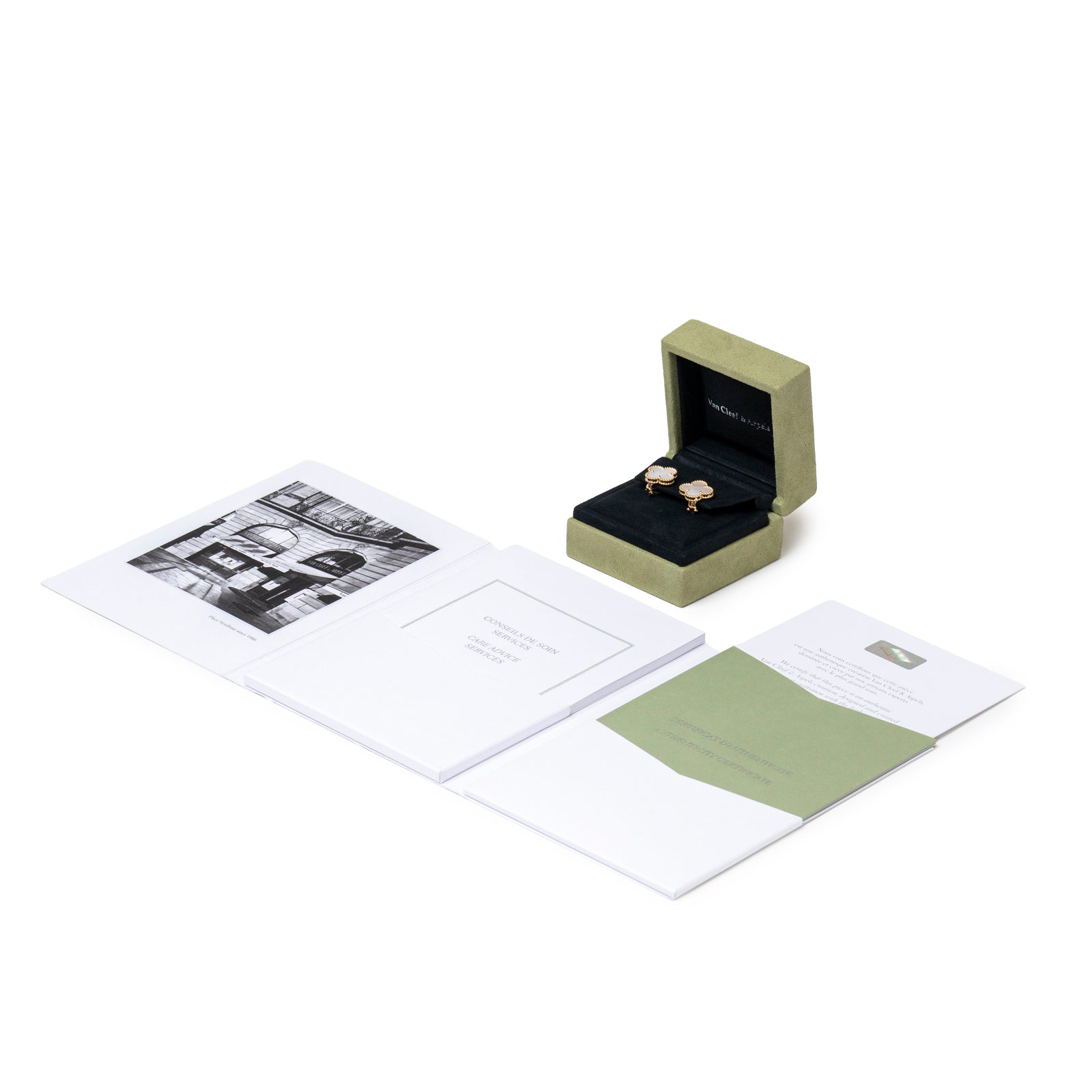 Van Cleef & Arpels Vintage Alhambra Earrings 18K Yellow Gold with white mother-of-pearl in box with certificate and carebook