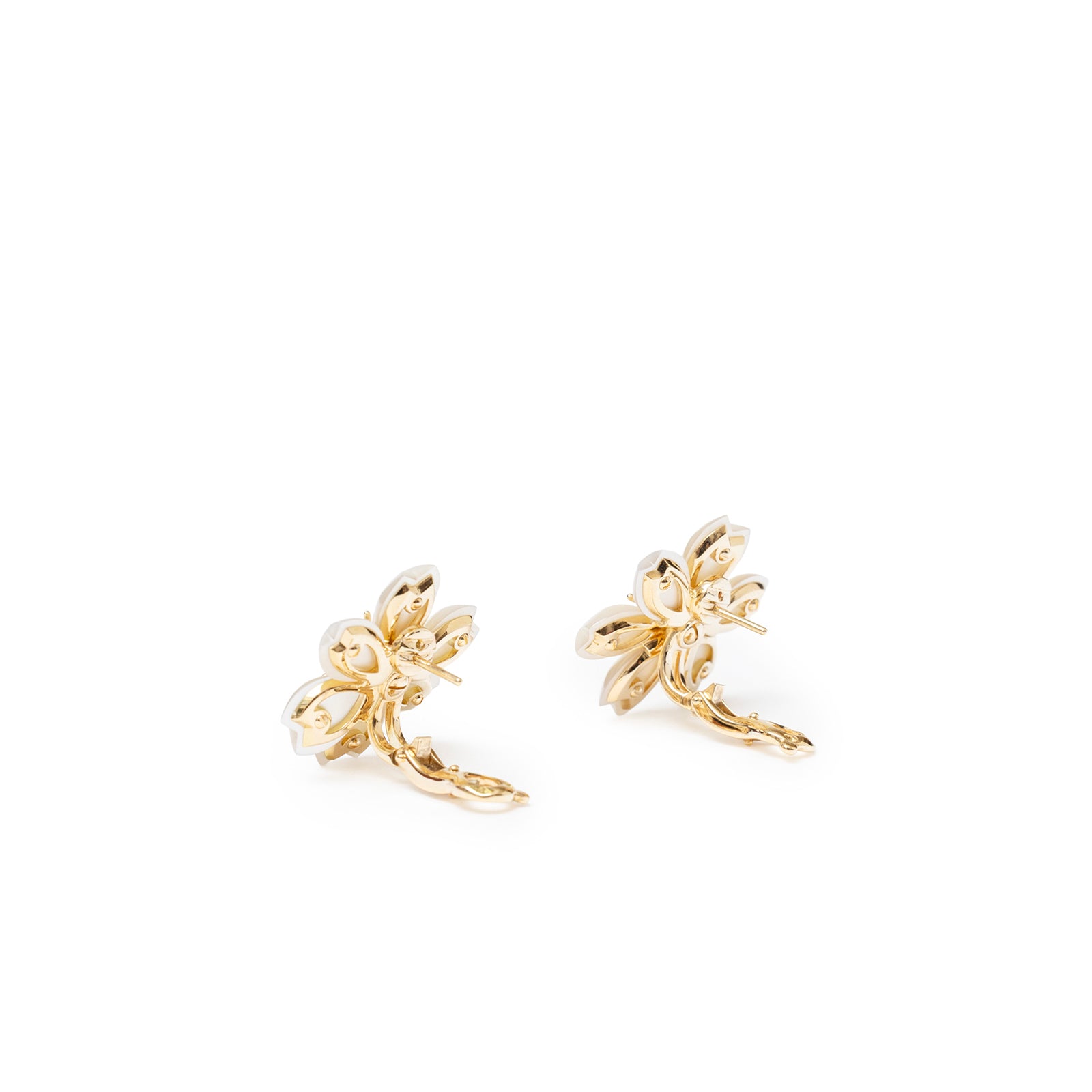 Back view angled shot of Van Cleef & Arpels Rose de Noël Earrings Mini 18K yellow gold Diamond/Mother-of-pear
