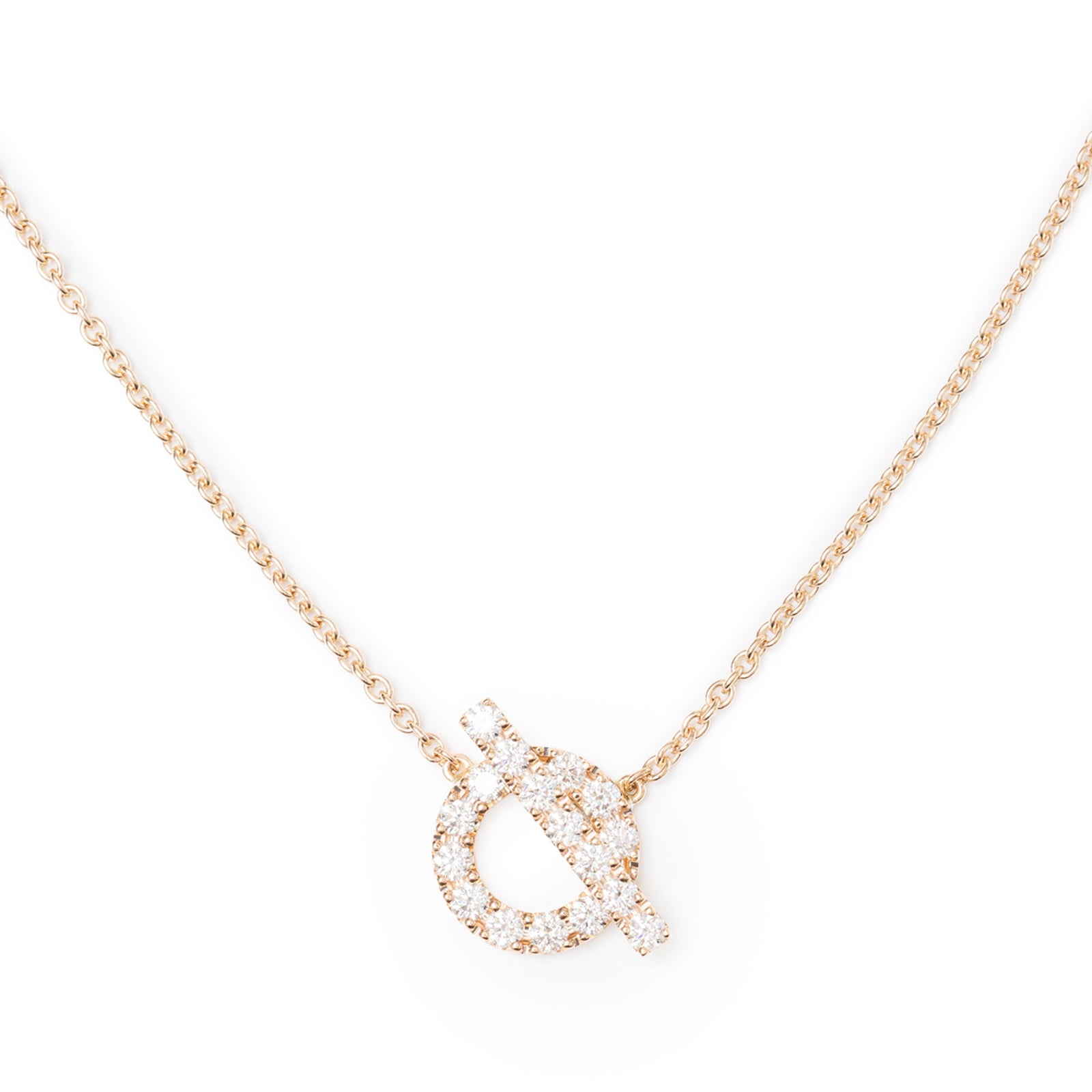 Close-up front view of Hermès Finesse Pendant Rose Gold Au750 with sparkling diamond motif on chain