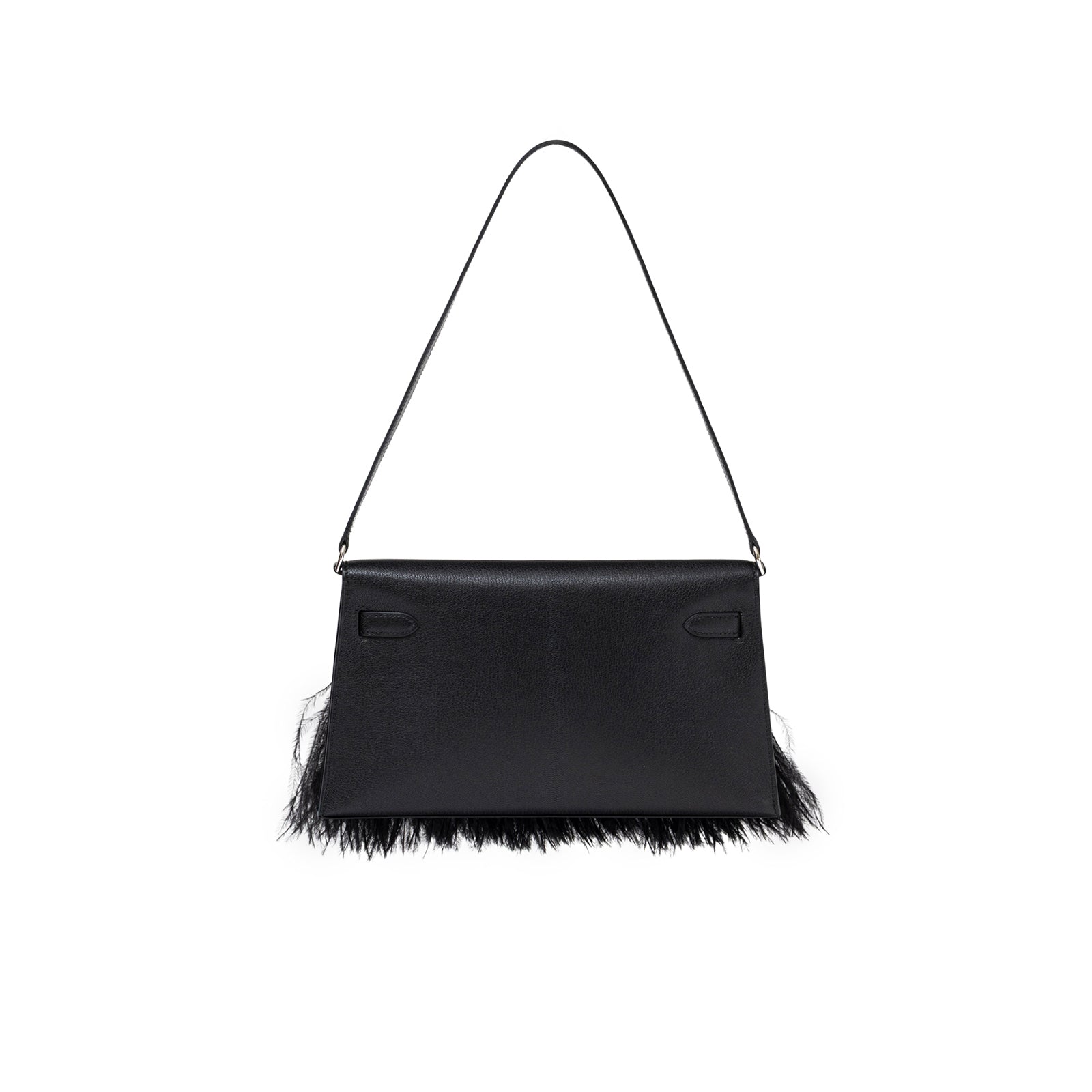 Back view of Hermès Kelly Elan Black Chevre Chamkila and Ostrich Feather Palladium Hardware handbag showing feather trim and sleek leather